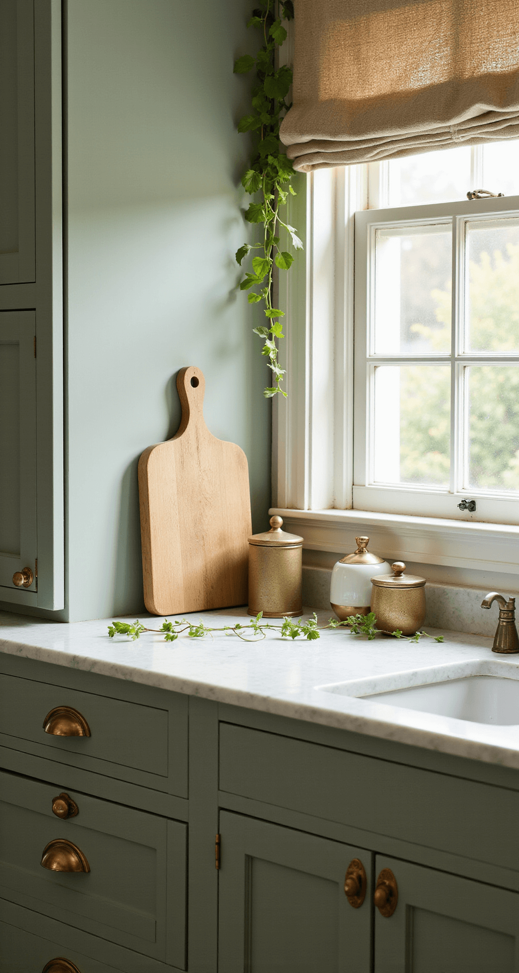 A sunlit kitchen prep station showcasing sage green lower cabinets with brass handles, a marble countertop adorned with a wooden cutting board and ceramic canisters, and trailing ivy, all softly illuminated with backlighting and filtered through a natural linen roman shade.