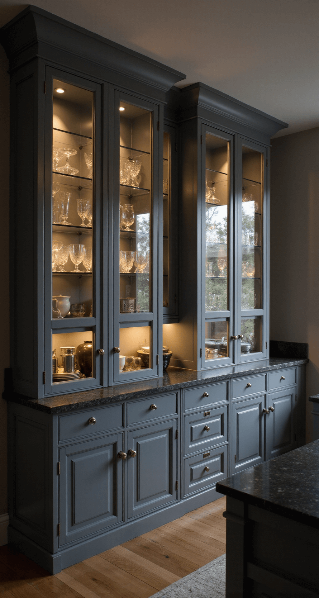 Dramatic evening kitchen scene featuring glazed gray cabinets with glass fronts, illuminated upper cabinets, crystal glassware, white ceramics, polished nickel hardware, and dark soapstone counters, all creating a sophisticated contemporary atmosphere.