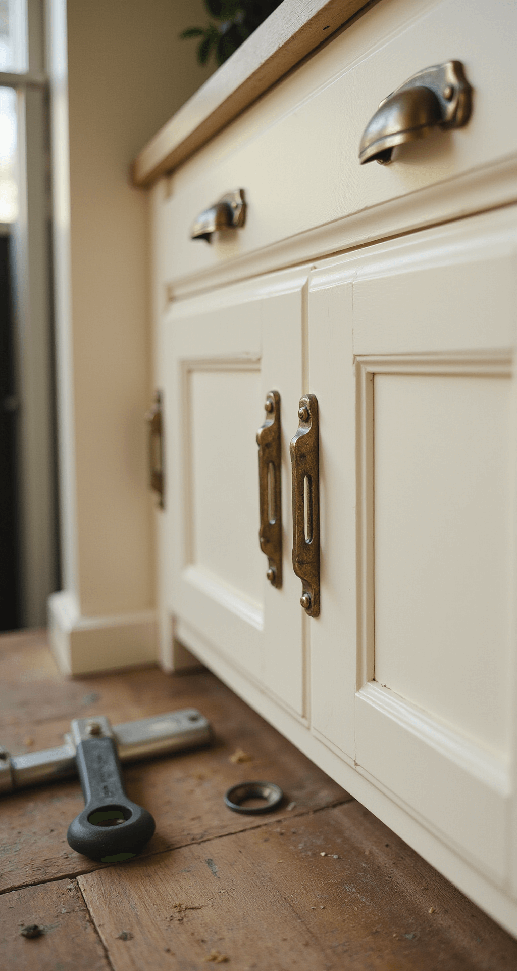Close-up of aged brass cabinet pulls being installed on freshly painted cream cabinets, with soft-focus background and natural side lighting highlighting the metal's patina. Installation tools and an organization system are also visible in the frame.