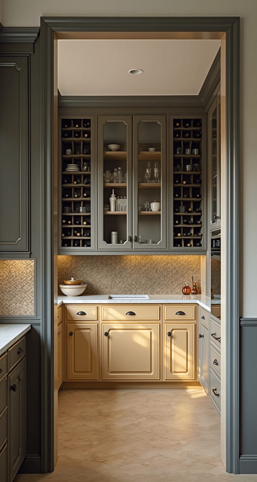 A transformed butler's pantry with two-tone cabinets—charcoal on top and warm greige below—showcased from the doorway. An antiqued mirror backsplash reflects light, while wine storage and glass-front display cabinets complement a marble countertop, elegantly styled with vintage barware, all illuminated by golden hour lighting.