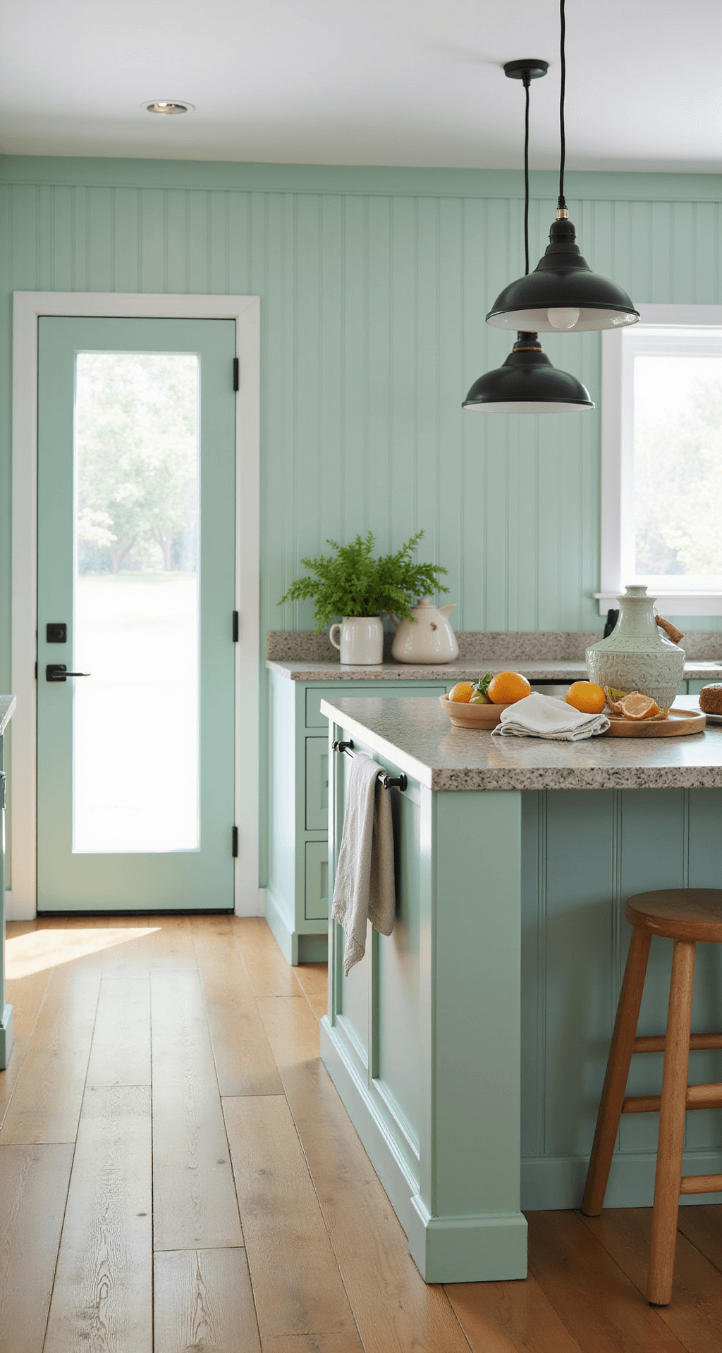 Kitchen island vignette featuring soft mint green beadboard, quartz countertop adorned with artisanal pottery, linen tea towels, and fresh citrus, illuminated by pendant lights, with wide plank flooring in the foreground, creating a fresh coastal-inspired aesthetic.
