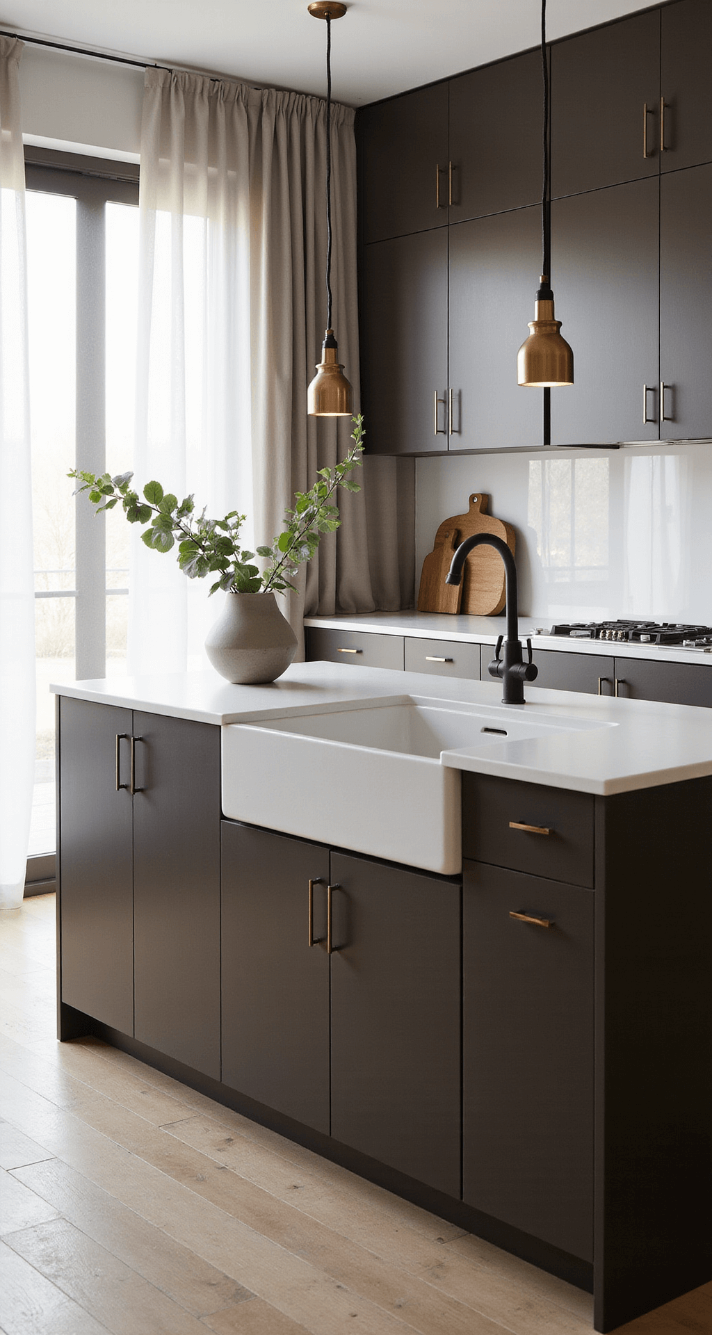 Interior of a modern minimalist kitchen with espresso-brown cabinets and white quartz countertops, illuminated by morning sunlight through sheer curtains, featuring a center island with waterfall edges, brass pendant lights, and warm white oak flooring, styled with a matte black faucet and decorative elements, captured at a 45-degree angle.