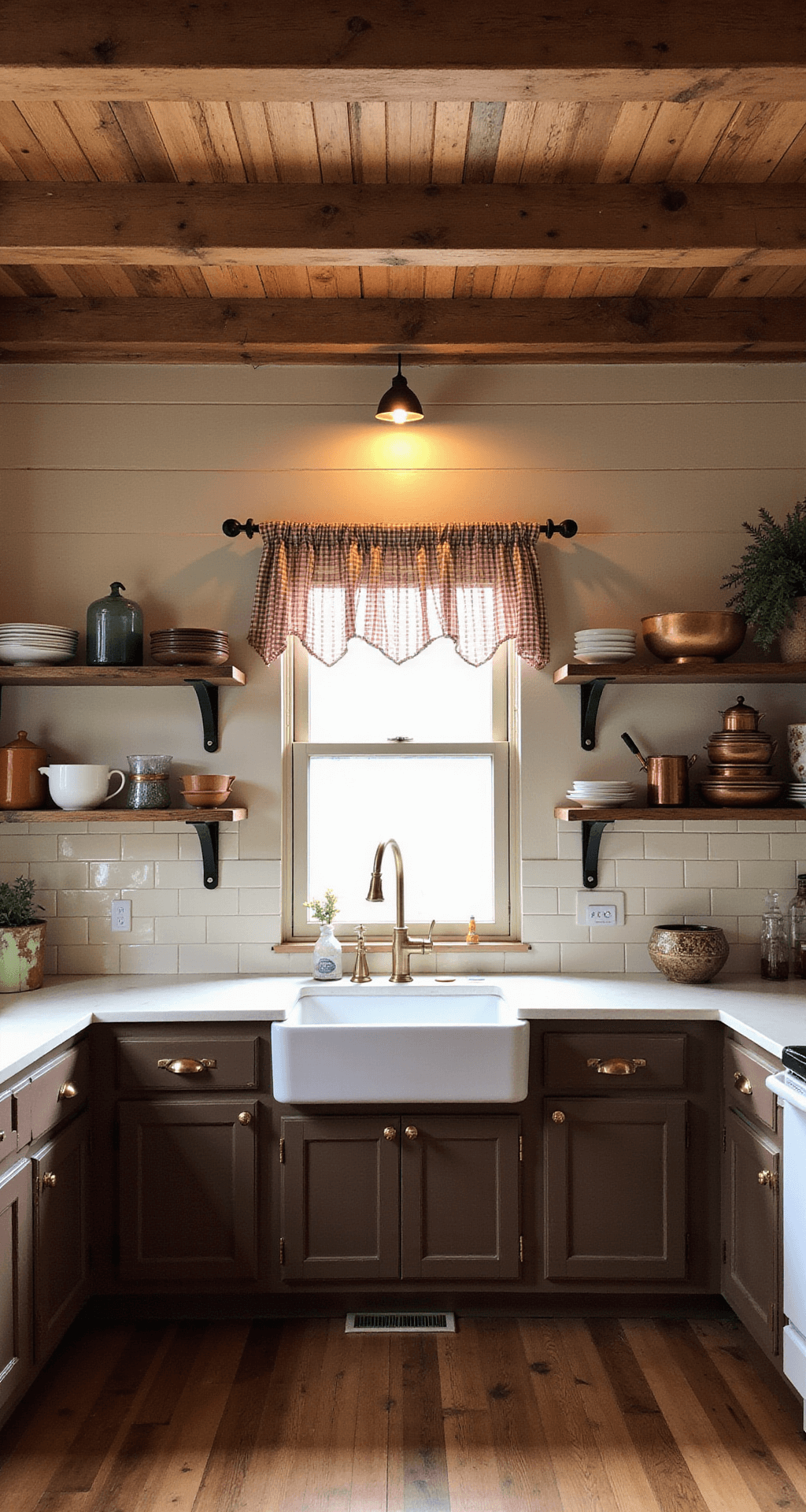 A rustic farmhouse kitchen featuring exposed wooden beams, chocolate-brown shaker cabinets with antique brass pulls, and a cream-colored subway tile backsplash. The room is bathed in warm golden hour lighting, showcasing reclaimed wood open shelving filled with vintage ceramics and copper cookware. A farmhouse sink is centered under a window with gingham cafe curtains, and accent lighting highlights the texture of the beams in this cozy, symmetrical space.