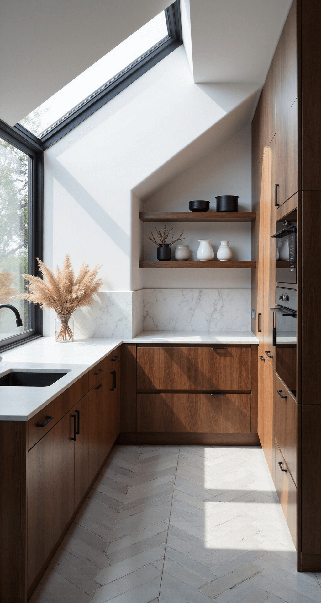 Contemporary Scandinavian kitchen featuring dark walnut slab cabinets with white marble counters, dramatic clerestory windows, and pale grey porcelain tiles in a herringbone pattern. Decorated with white ceramic vessels and dried pampas grass, captured in a low-angle shot emphasizing vertical lines and sharp midday shadows.