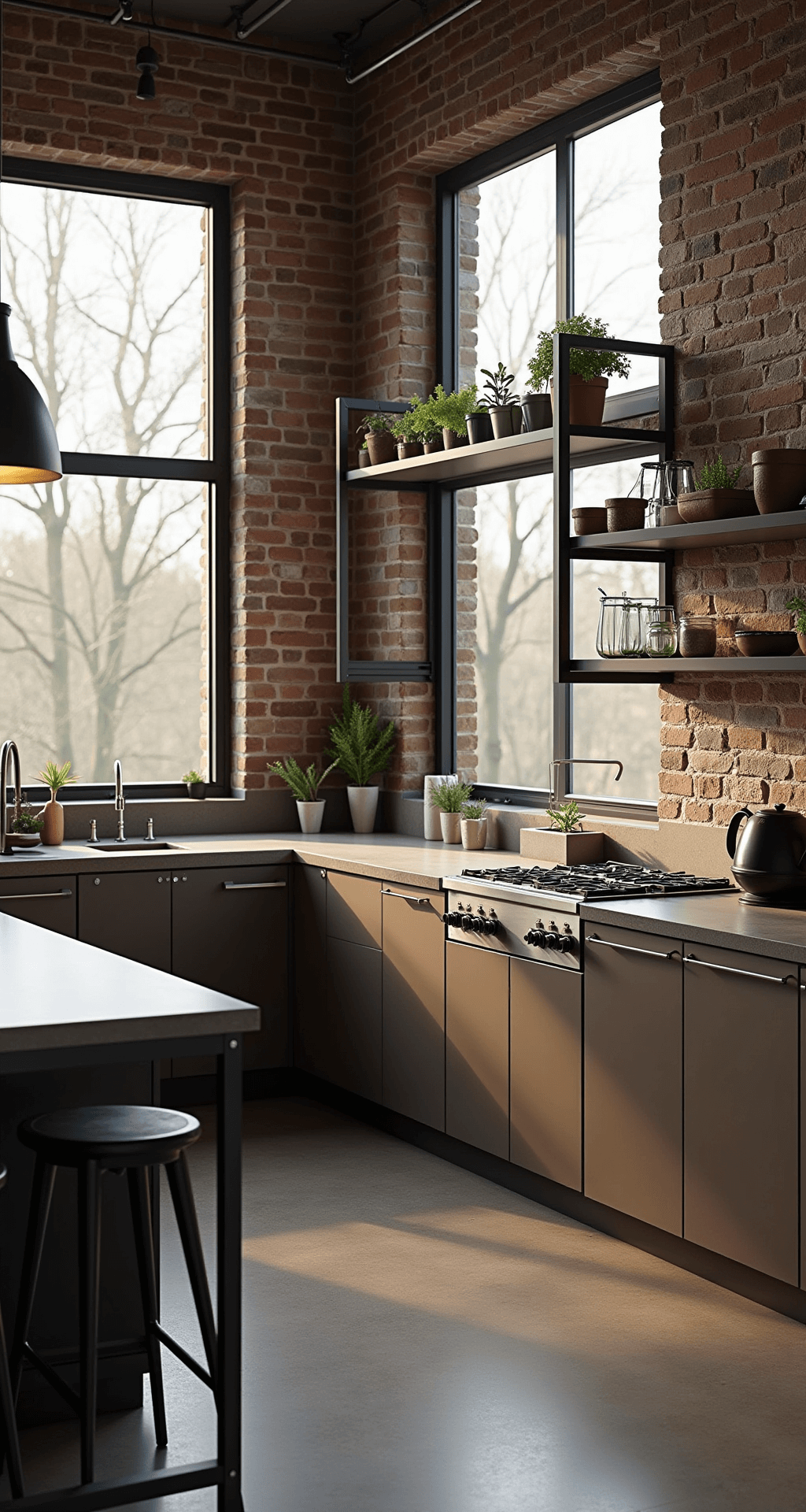 Modern industrial kitchen featuring exposed brick walls, coffee-brown flat-front cabinets, concrete countertops, stainless steel appliances, and open metal shelving with herbs, illuminated by late afternoon light from steel-framed windows and black iron pendant lights.
