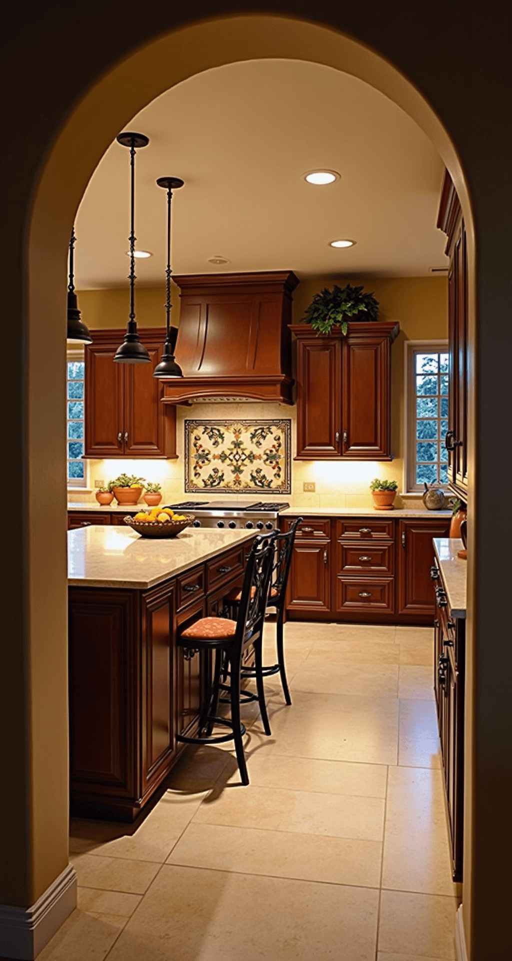 Mediterranean-inspired kitchen featuring arched doorways, warm evening light, mahogany cabinets, limestone counters, and a hand-painted tile backsplash, styled with terracotta pots and citrus, captured through an arched entrance.