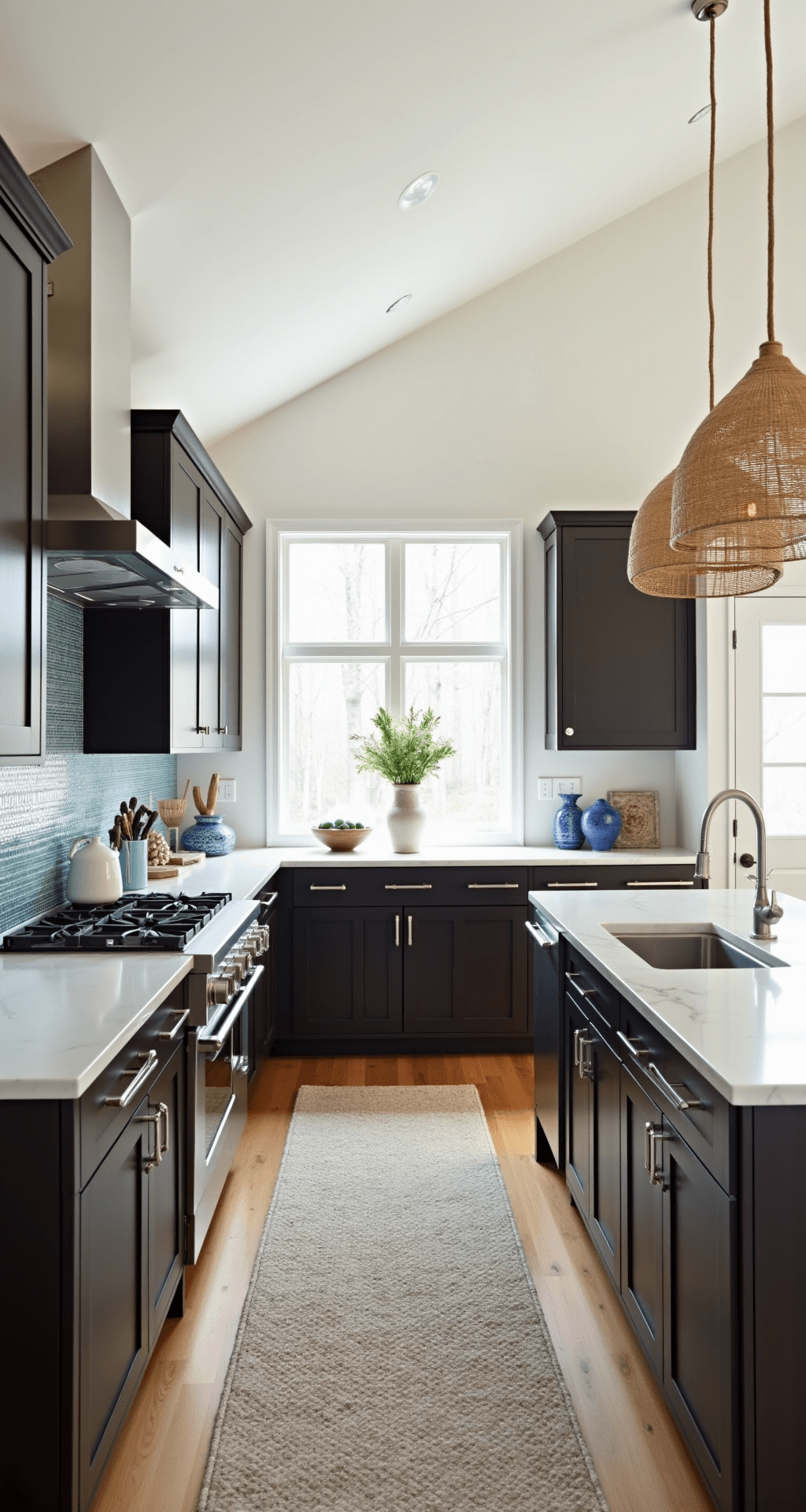 A contemporary coastal kitchen featuring dark chocolate flat-panel cabinets, white marble counters, and a glass mosaic backsplash in sea blues, illuminated by bright midday light. The space includes rattan pendant lights, a natural fiber runner, and is styled with blue-and-white ceramics and driftwood accents, captured from a high angle to showcase its fresh and sophisticated atmosphere.