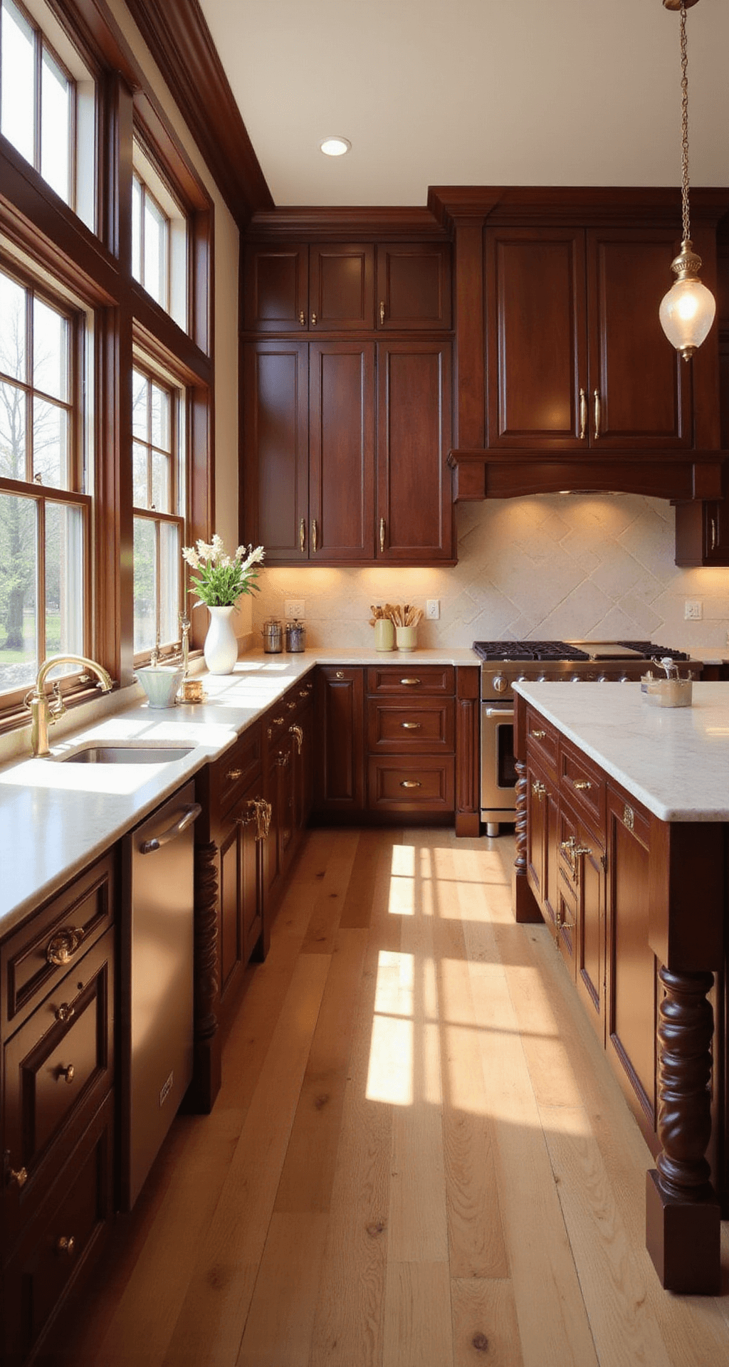 A sunlit 12x15ft kitchen featuring rich cherry wood cabinets with raised panel doors, cream quartz countertops, and a detailed center island. Brass hardware and pendant lights provide accents, while professional-grade stainless appliances are subtly visible. The shot is from a low angle, emphasizing the architectural details and wood grain.