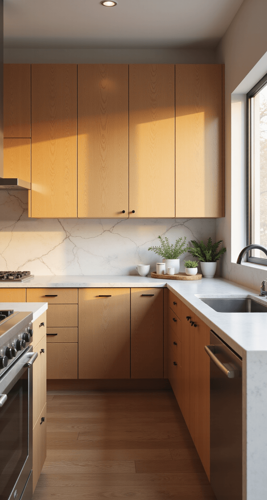 Contemporary kitchen featuring floor-to-ceiling maple cabinets with honey-blonde finish, minimalist black hardware, white waterfall quartzite counters, and geometric tile backsplash, all illuminated by warm golden hour light and under-cabinet LED lighting.