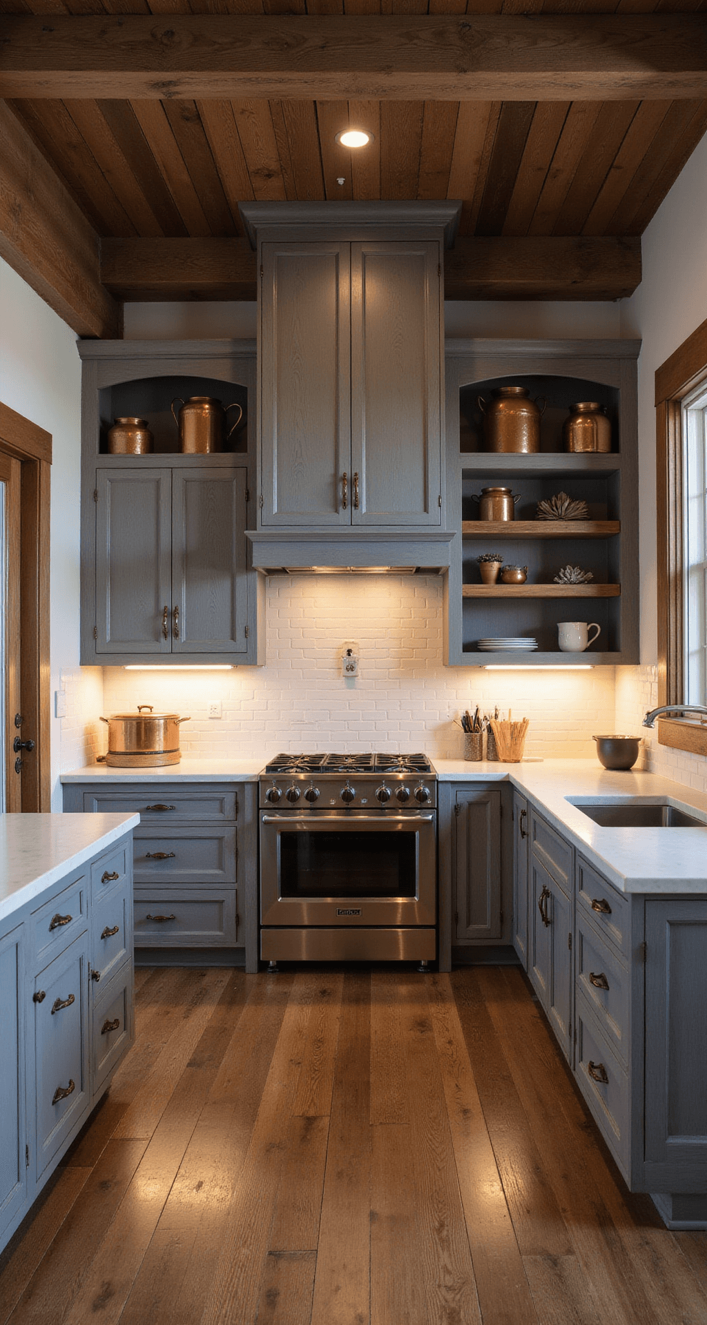 Rustic farmhouse kitchen with exposed wooden beams, distressed oak cabinets in weathered gray, soapstone counters, and white subway tile backsplash, captured during blue hour with warm lighting, showcasing vintage-style range hood and open shelving with copper cookware and ceramic crocks.