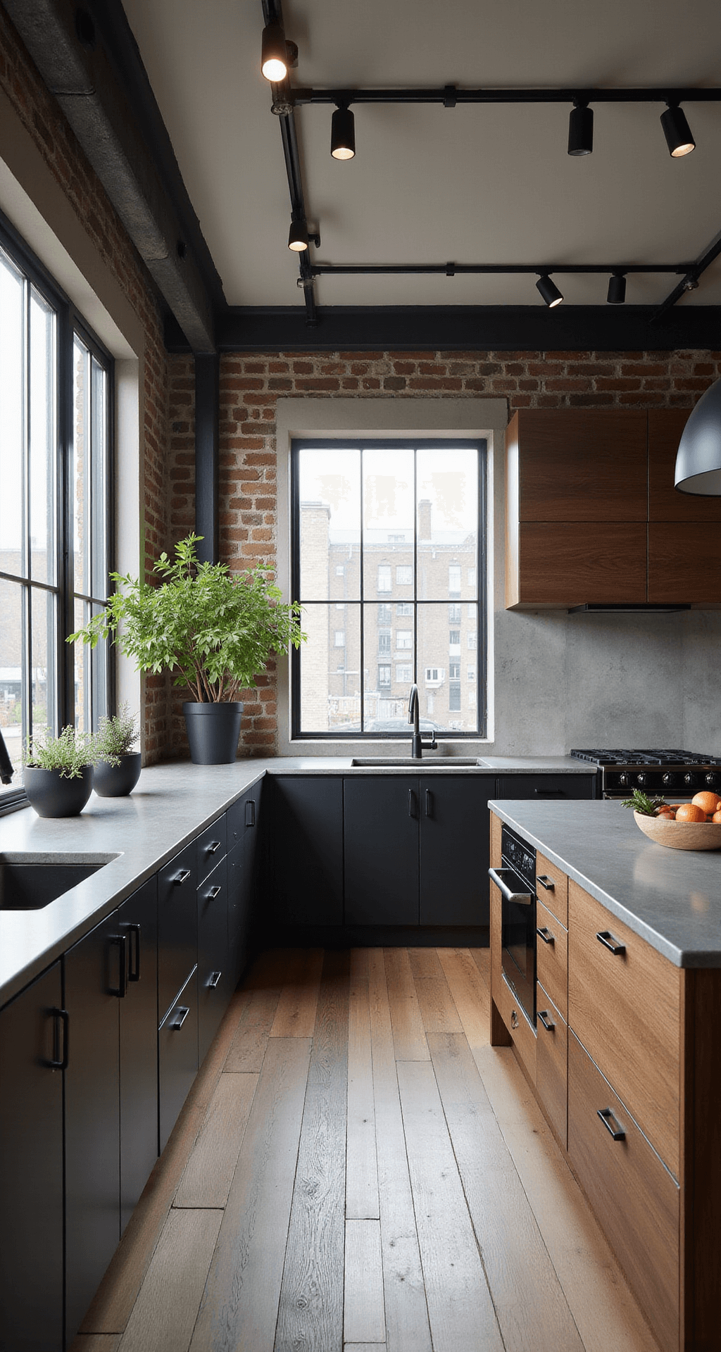 A spacious modern industrial loft kitchen featuring a two-tone cabinet design with walnut upper cabinets and matte black lower cabinets, concrete countertops, and blackened steel hardware, illuminated by afternoon light streaming through factory-style windows, showcasing vertical height with LED track lighting highlighting the wood grain, styled with minimalist black accessories and sculptural plants.