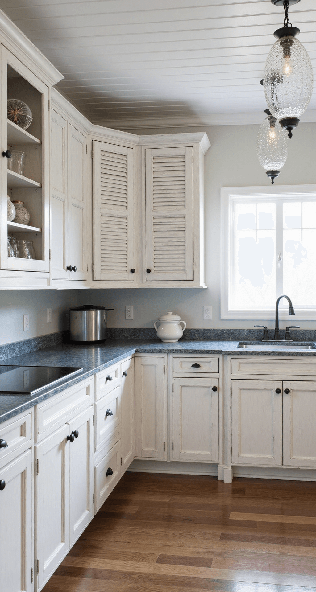 Coastal kitchen featuring light pine cabinets with louvered doors, blue-gray granite counters, and a shiplap ceiling, bathed in diffused morning light.