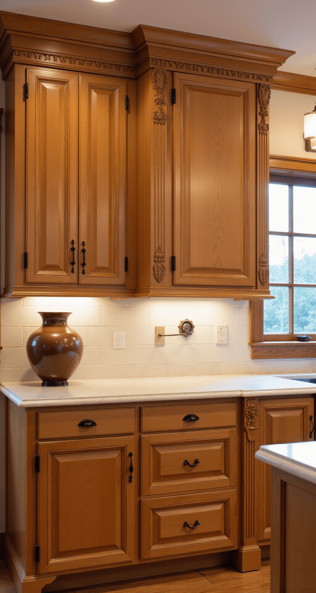 A traditional kitchen measuring 13x15ft with warm honey-stained birch cabinets featuring raised panel doors and decorative corbels, marble countertops with ogee edges, and warm evening lighting. The shot captures the symmetrical design of the cabinetry, illuminated by a chandelier and sconces, and styled with classic copper and pottery decor.