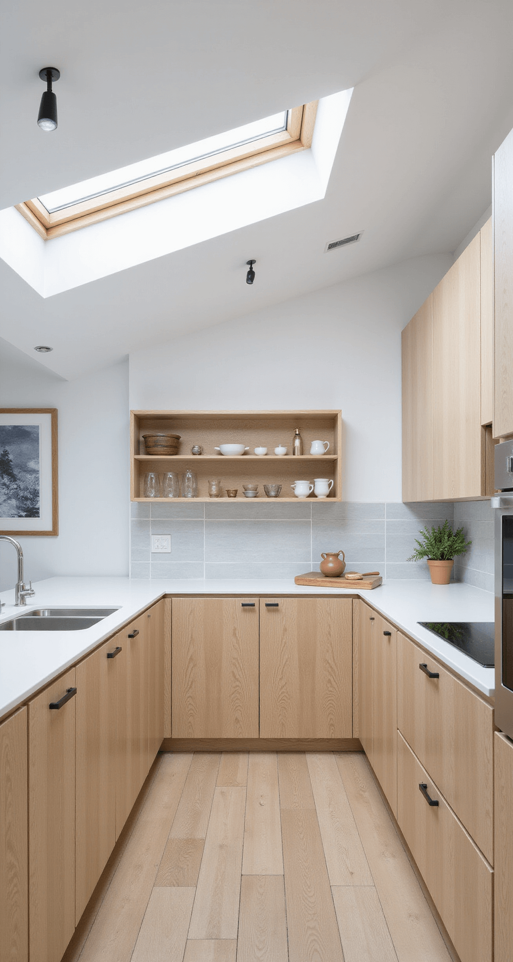 A Scandinavian-inspired kitchen featuring natural finish white oak cabinets with a flat-front design, white solid surface countertops, and pale gray backsplash tiles, all illuminated by bright midday light from skylights and strip lighting, showcasing a minimal aesthetic with pale woods and handmade ceramics.