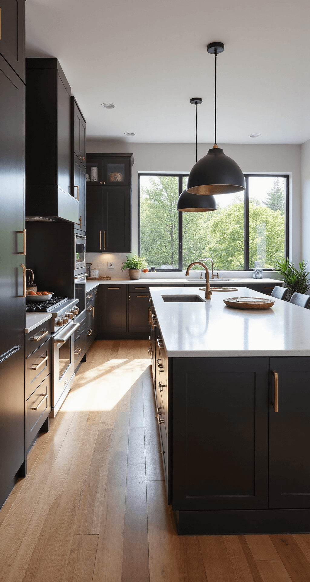 A wide-angle view of a contemporary kitchen featuring sleek espresso cabinets with gold hardware, a white quartz waterfall island, and matte black pendant lights, illuminated by early morning sunlight through large windows, with natural oak flooring adding warmth.