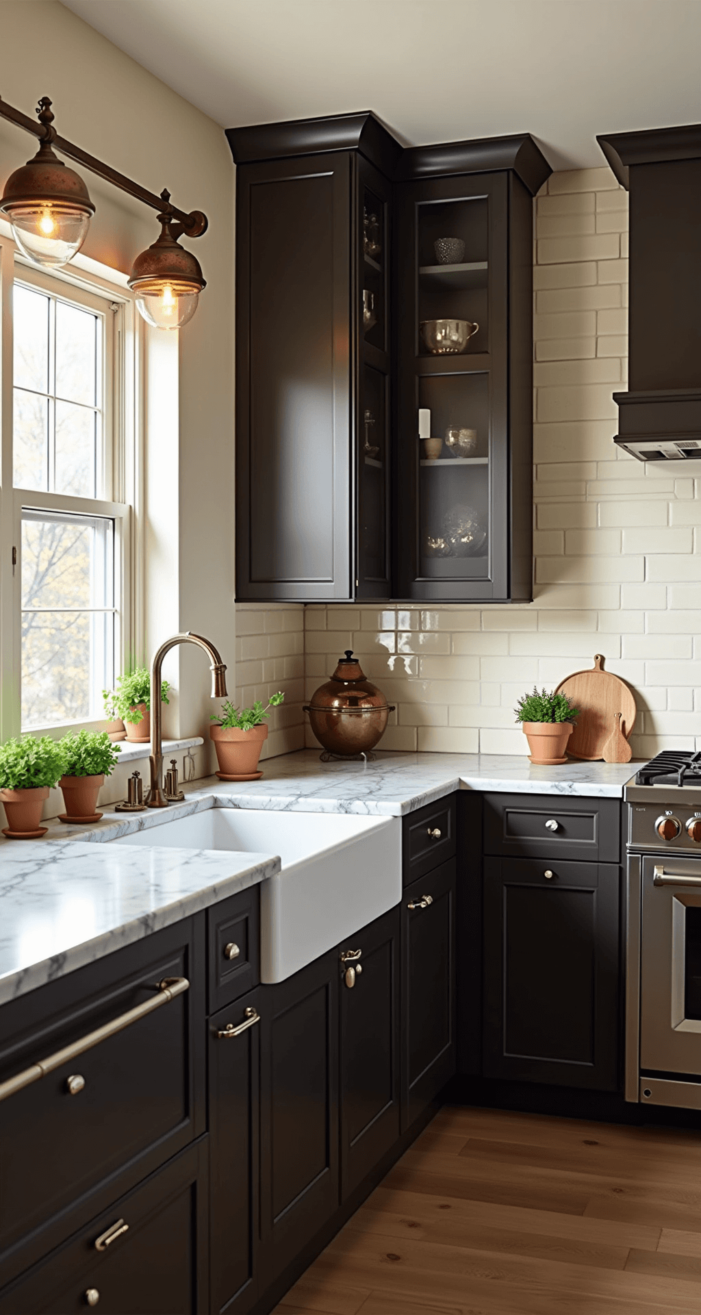 A welcoming 45-degree corner view of a transitional kitchen at golden hour, featuring espresso shaker cabinets, cream subway tile backsplash, marble countertops with gray veining, and hanging copper pots. Vintage glass pendants illuminate the space, while fresh herbs in terra cotta pots line the windowsill, creating a harmonious and elegant atmosphere.