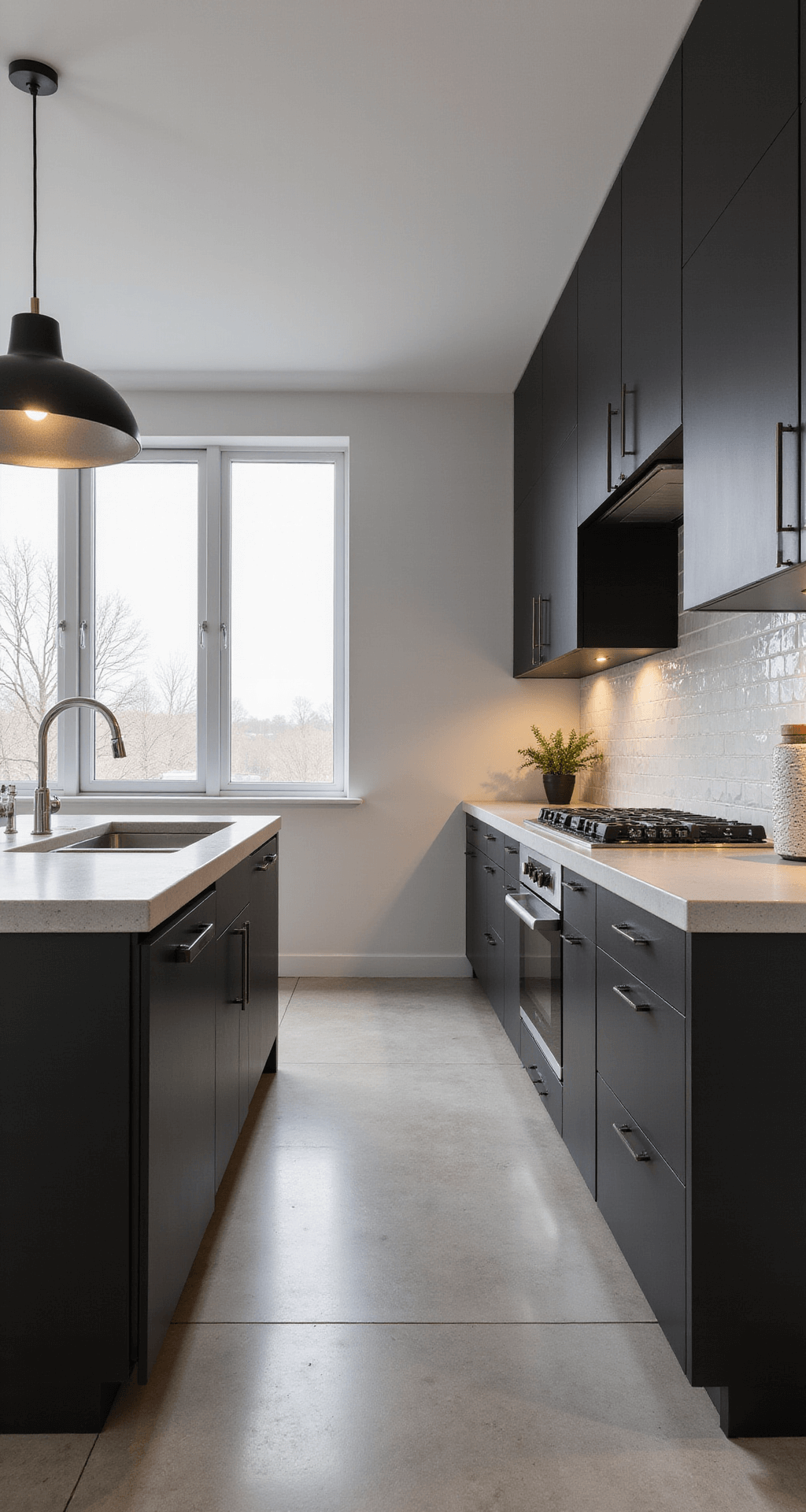 A serene, minimalist kitchen at dawn featuring spacious espresso cabinets, concrete countertops, and a geometric tile backsplash, illuminated by cool morning light and warm artificial light, captured from an island-height perspective.