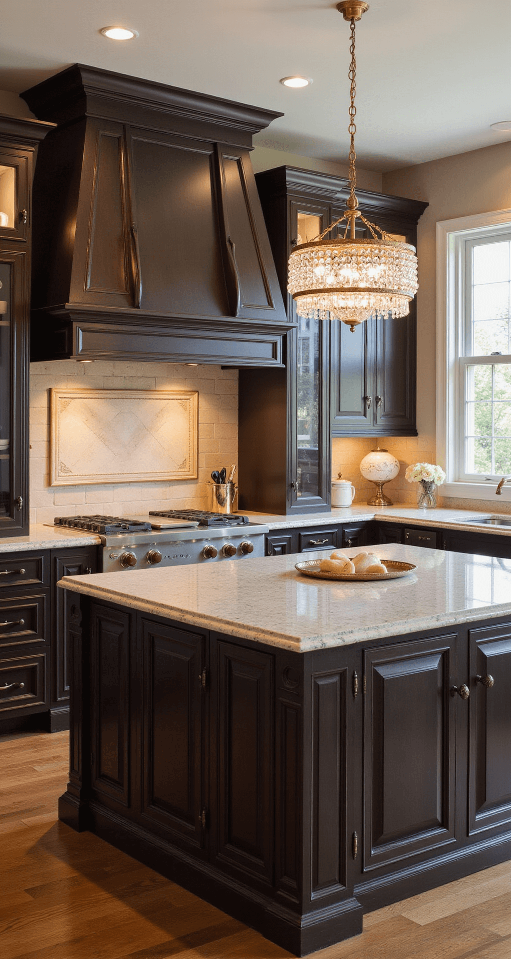 Low-angle view of a traditional kitchen featuring raised-panel espresso cabinets, cream granite counters, and a crystal chandelier, bathed in warm afternoon light, showcasing elegant architectural details.