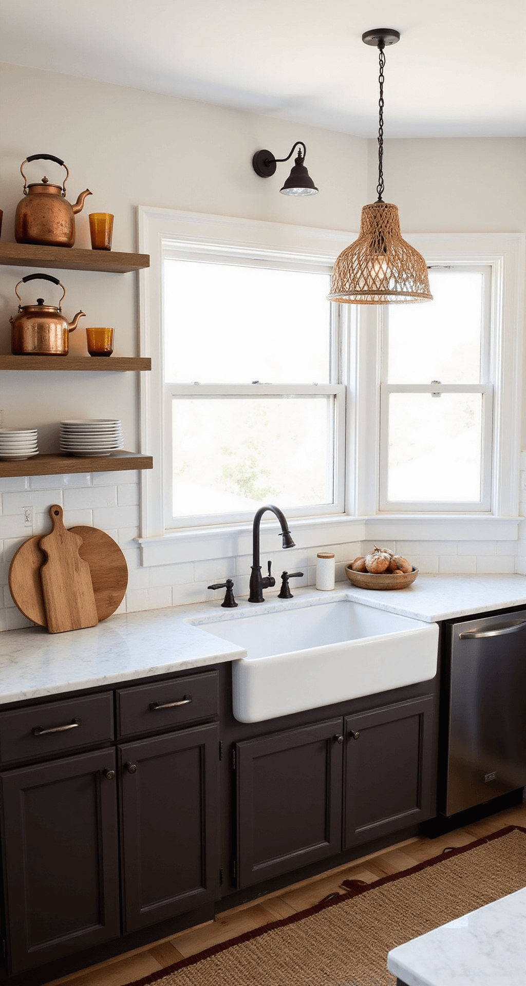 Mid-level shot of a cozy kitchen featuring espresso cabinets, a farmhouse sink, and white marble countertops adorned with autumn decor like copper kettles and amber glass, illuminated by natural light from a bay window and woven pendant lights, creating a warm seasonal ambiance.