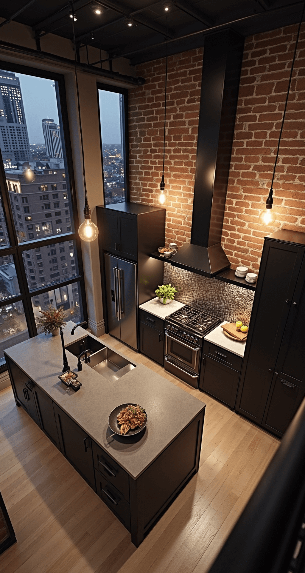 High-angle view of an industrial-style open-concept kitchen with espresso cabinets, an exposed brick wall, polished concrete counters, and a metallic mosaic backsplash, illuminated by warm Edison bulbs and cool dusk light from outside. City lights are visible through warehouse windows, showcasing metropolitan sophistication.