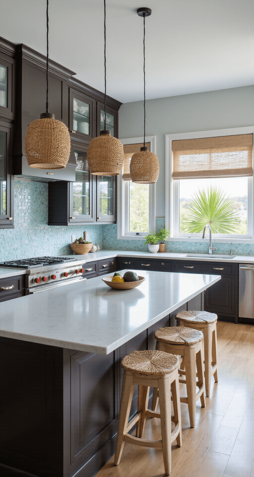 A wide view of a coastal contemporary kitchen featuring espresso cabinets with glass uppers and nickel pulls, a sea-glass backsplash, and white quartz counters. Rattan pendant lights hang above bleached wood stools, while blue-green accents are scattered throughout. Natural light spills in, casting shadows from palm fronds through the windows, creating a mood of relaxed luxury.