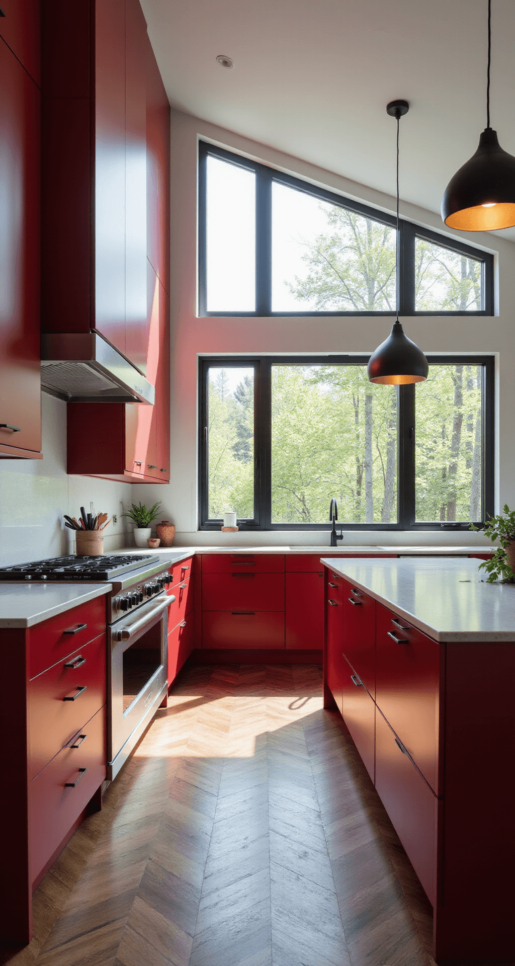 A wide-angle view of a modern kitchen featuring crimson lacquered cabinets, a white quartz waterfall island, and walnut herringbone floors, all illuminated by morning sunlight streaming through clerestory windows, with matte black hardware and industrial pendant lights accentuating the sophisticated atmosphere.