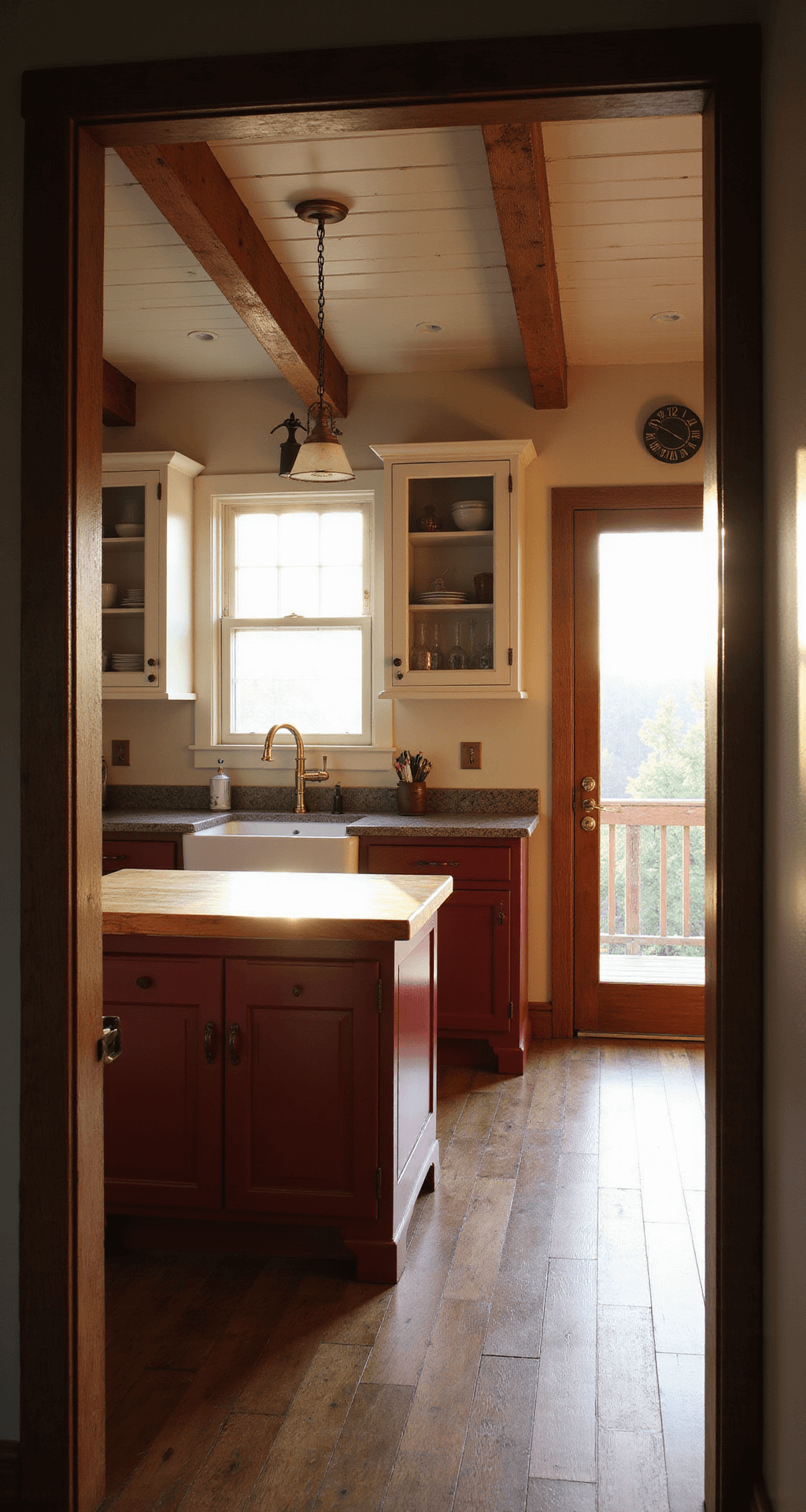 Intimate farmhouse kitchen featuring matte burgundy lower cabinets and creamy white upper cabinets with glass fronts, illuminated by golden hour sunlight. Exposed wooden beams adorn the 9ft ceiling, while vintage brass hardware and a farmhouse sink add charm. A butcher block island is centered in the space, with warm shadows creating a nostalgic ambiance.