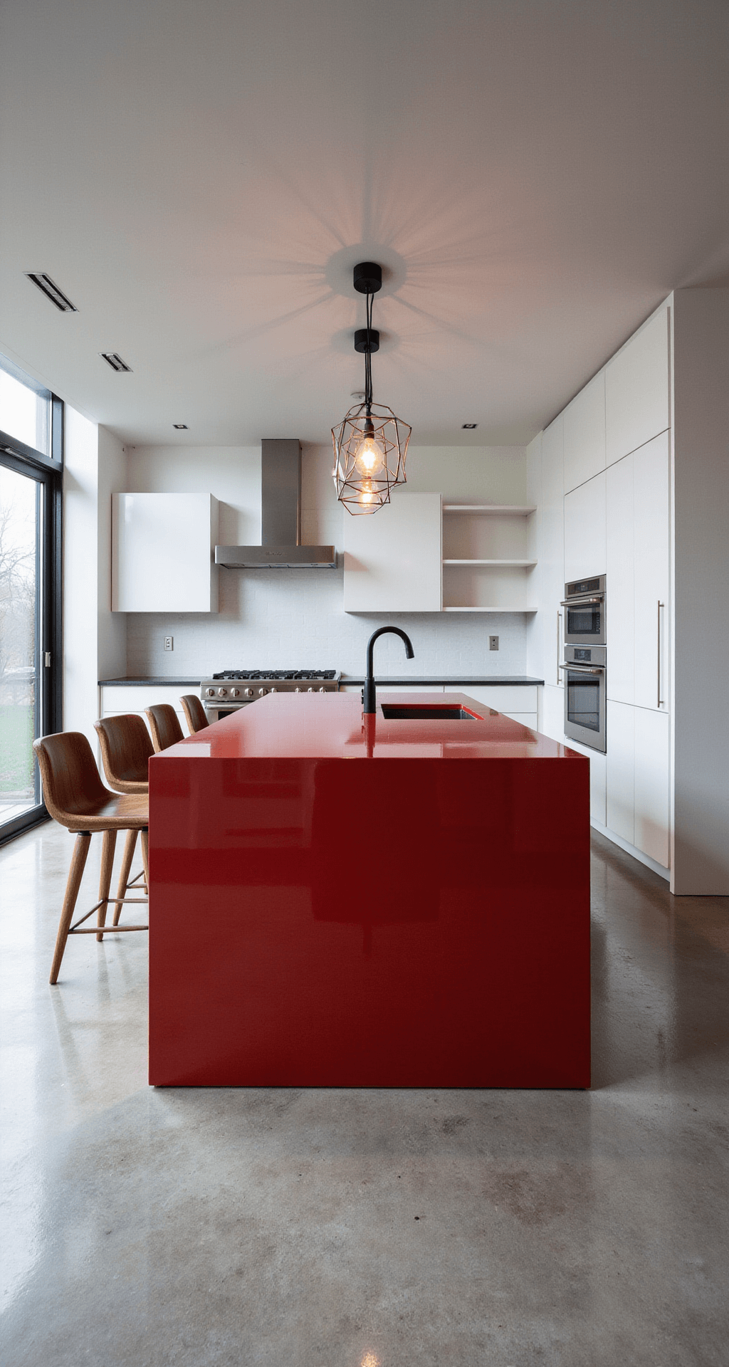 A contemporary open-concept kitchen featuring a bold cherry red island surrounded by white cabinets and concrete floors, illuminated by geometric pendant lights and natural light from floor-to-ceiling windows.