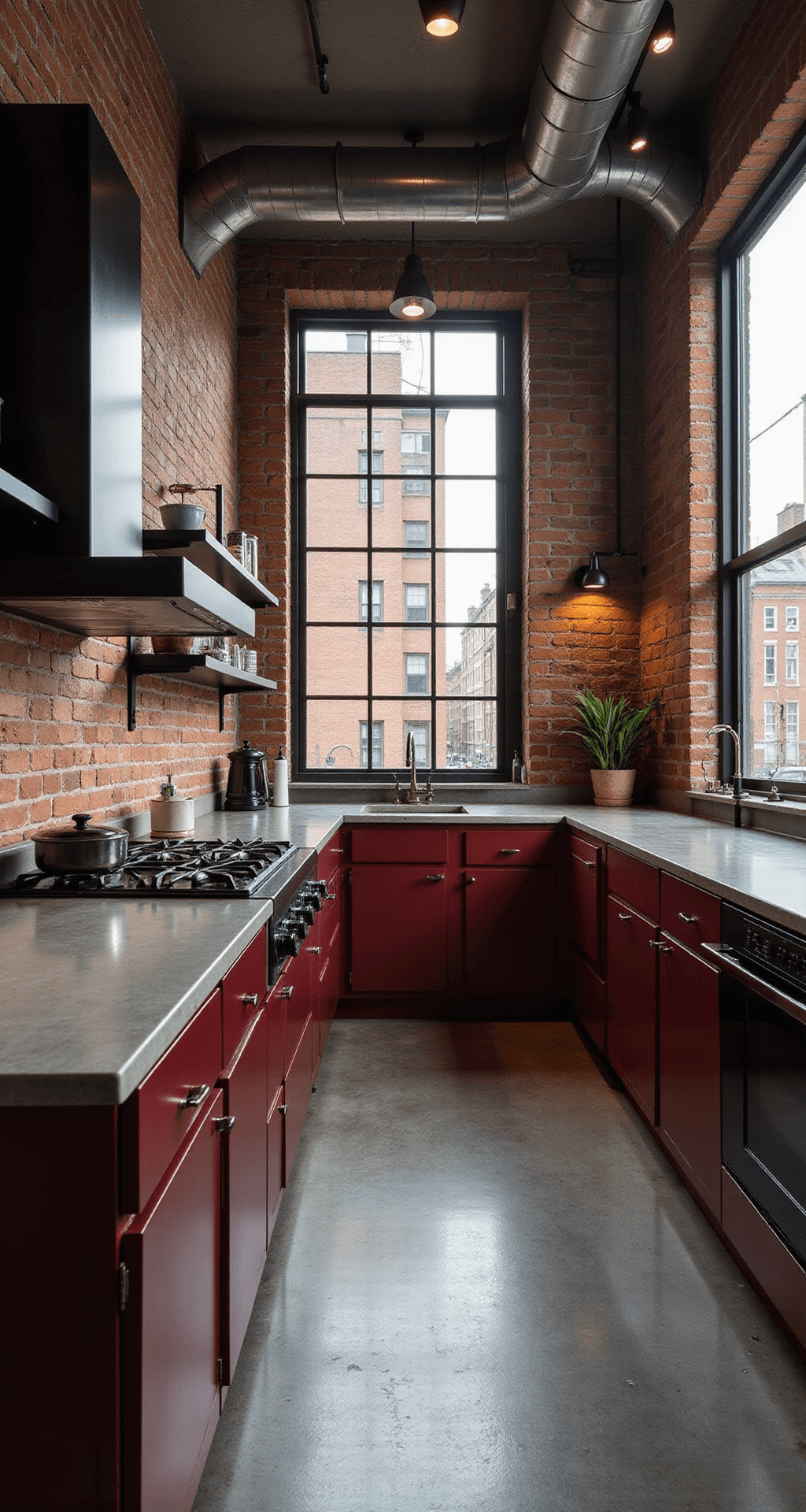 Aerial view of an industrial loft kitchen featuring exposed brick walls and metal ductwork, with deep oxblood red cabinets trimmed in black metal. Polished concrete counters and steel open shelving complement the urban aesthetic. Evening city lights filter through factory windows, illuminated by dramatic spotlighting, creating a mood of urban sophistication.