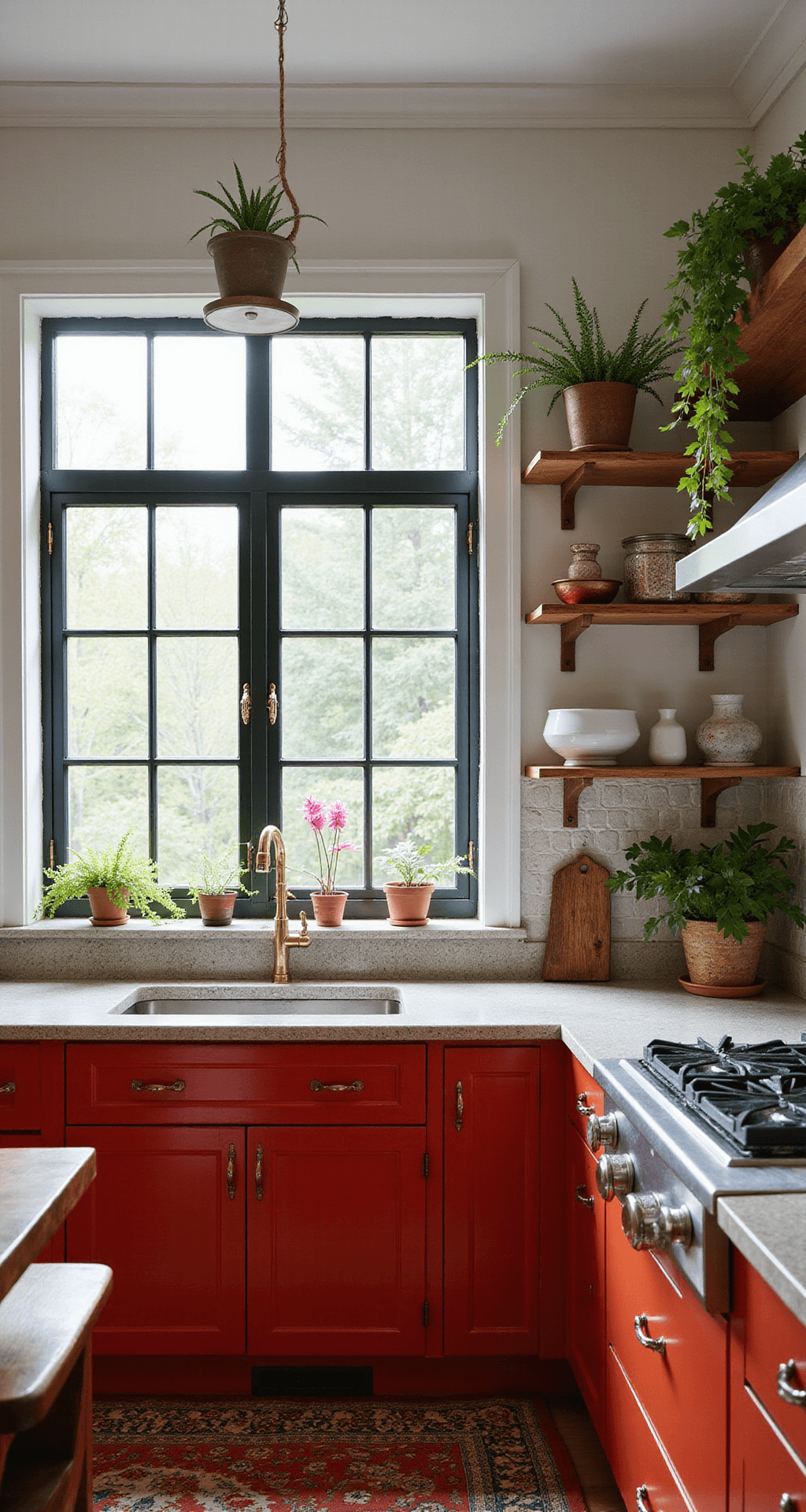 A cozy bohemian kitchen featuring vermillion red lower cabinets, illuminated by natural light from greenhouse windows. The space showcases mixed metal hardware, a Moroccan tile backsplash, and hanging plants. Reclaimed wood open shelving contrasts with eclectic details, all captured in soft, diffused lighting.