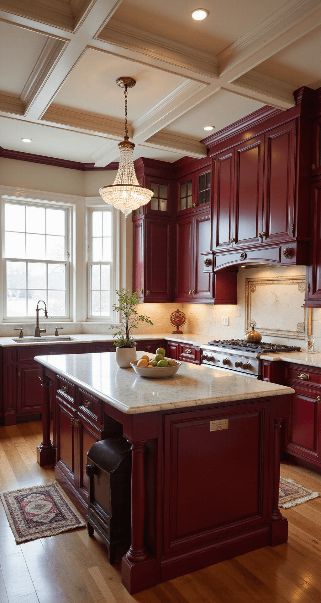A traditional kitchen featuring rich garnet red perimeter cabinets, a coffered ceiling with crown molding, and marble countertops. Antique brass fixtures and a crystal chandelier illuminate the island, while morning light filters through a bay window. The three-quarter view highlights the kitchen's architectural details, creating a mood of timeless elegance.
