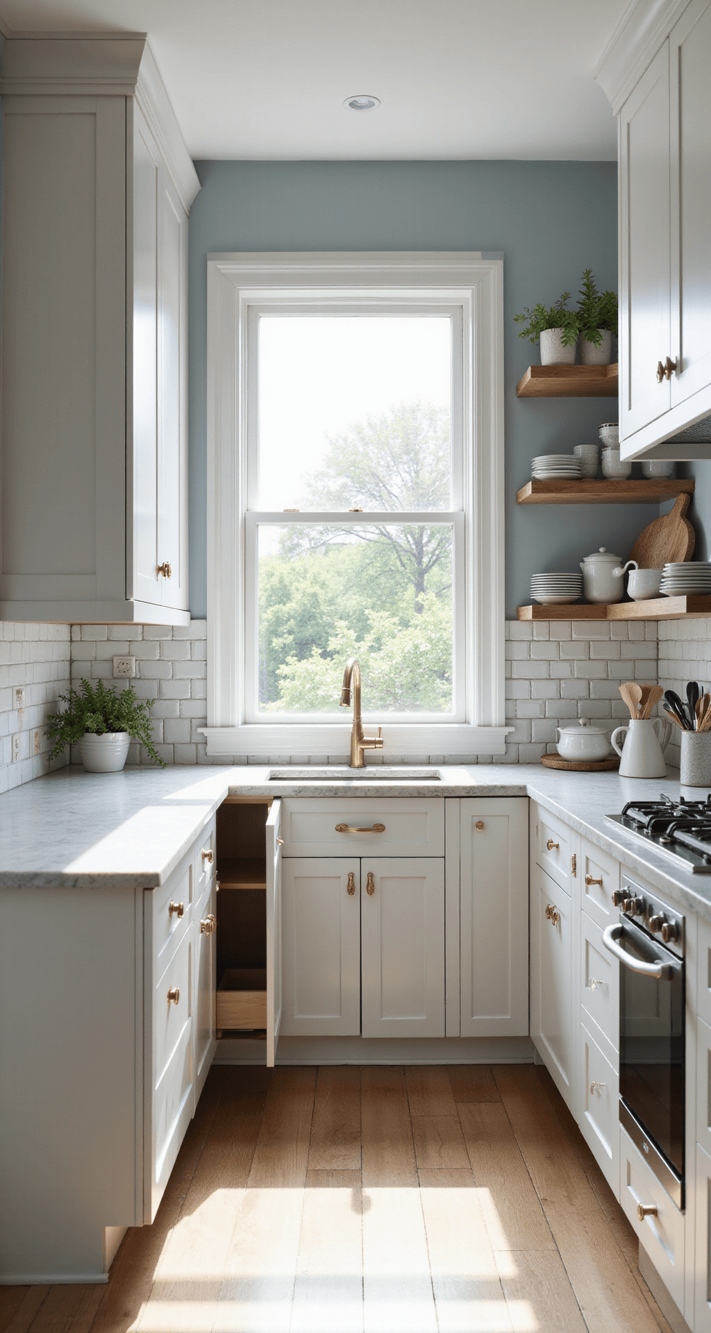 A wide-angle view of a compact kitchen filled with morning sunlight, featuring bright white shaker cabinets, brass hardware, open and closed shelving with ceramics, marble countertops, and pale blue walls, all creating a fresh and organized atmosphere.