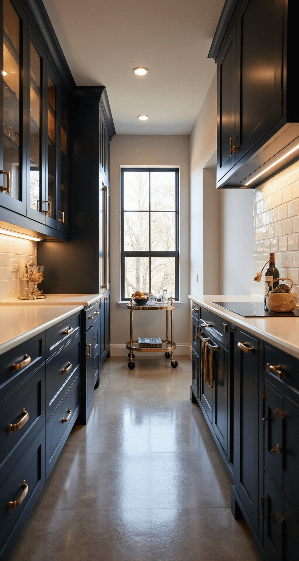Interior view of a galley kitchen at golden hour, featuring deep navy blue cabinets with gold handles and illuminated glass-front upper cabinets, contrasted by a white subway tile backsplash. A rolling brass bar cart serves as an island, with natural light and under-cabinet LED strips creating a sophisticated and intimate atmosphere. The shot is taken from a low angle, emphasizing the vertical space.
