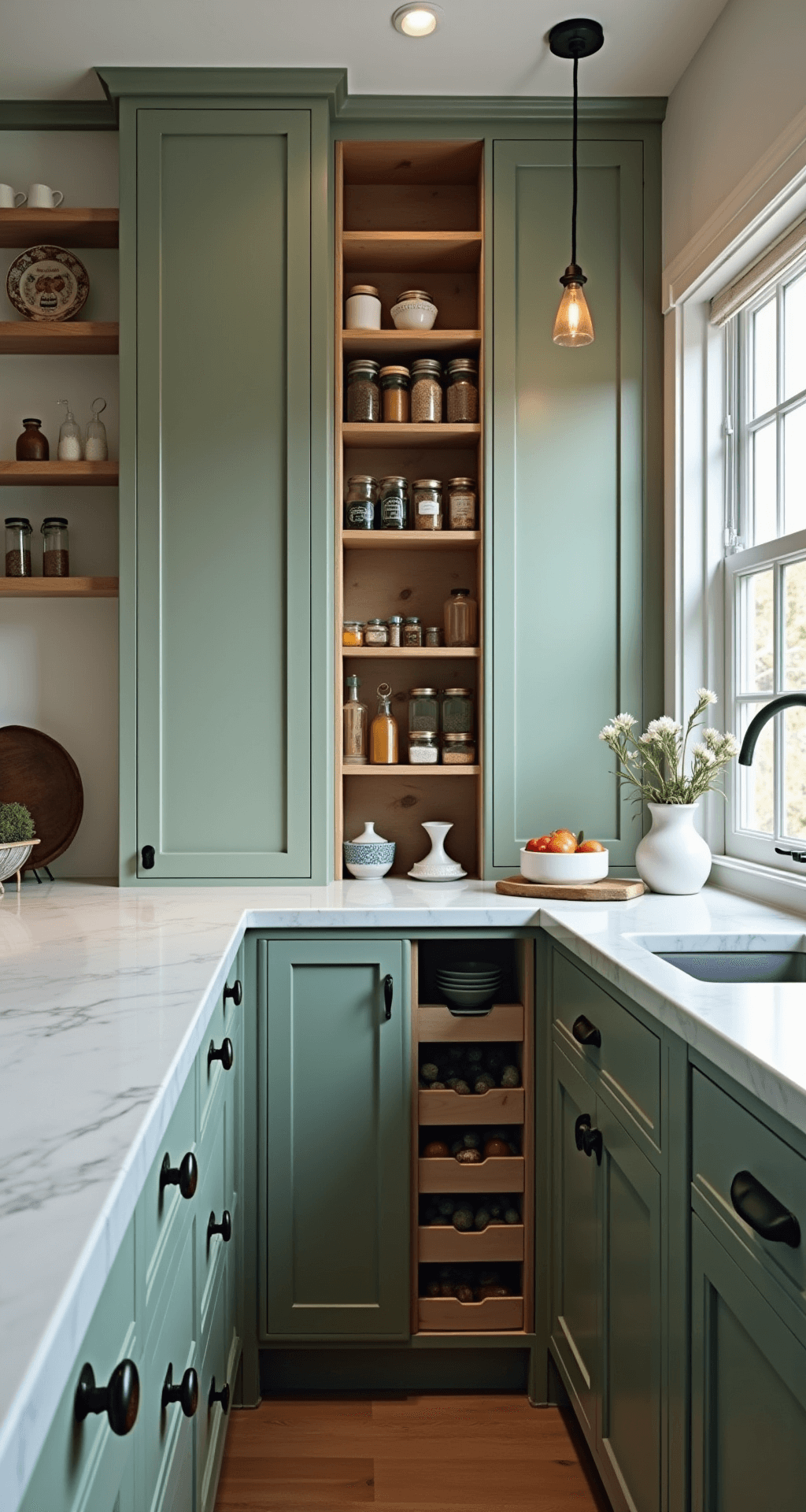Eye-level view of a cozy kitchen corner featuring sage green floor-to-ceiling cabinets with built-in spice racks and a pull-out pantry. Vintage-style pendant light illuminates the space, highlighting matte black hardware and the textured surfaces, creating a practical yet charming atmosphere.
