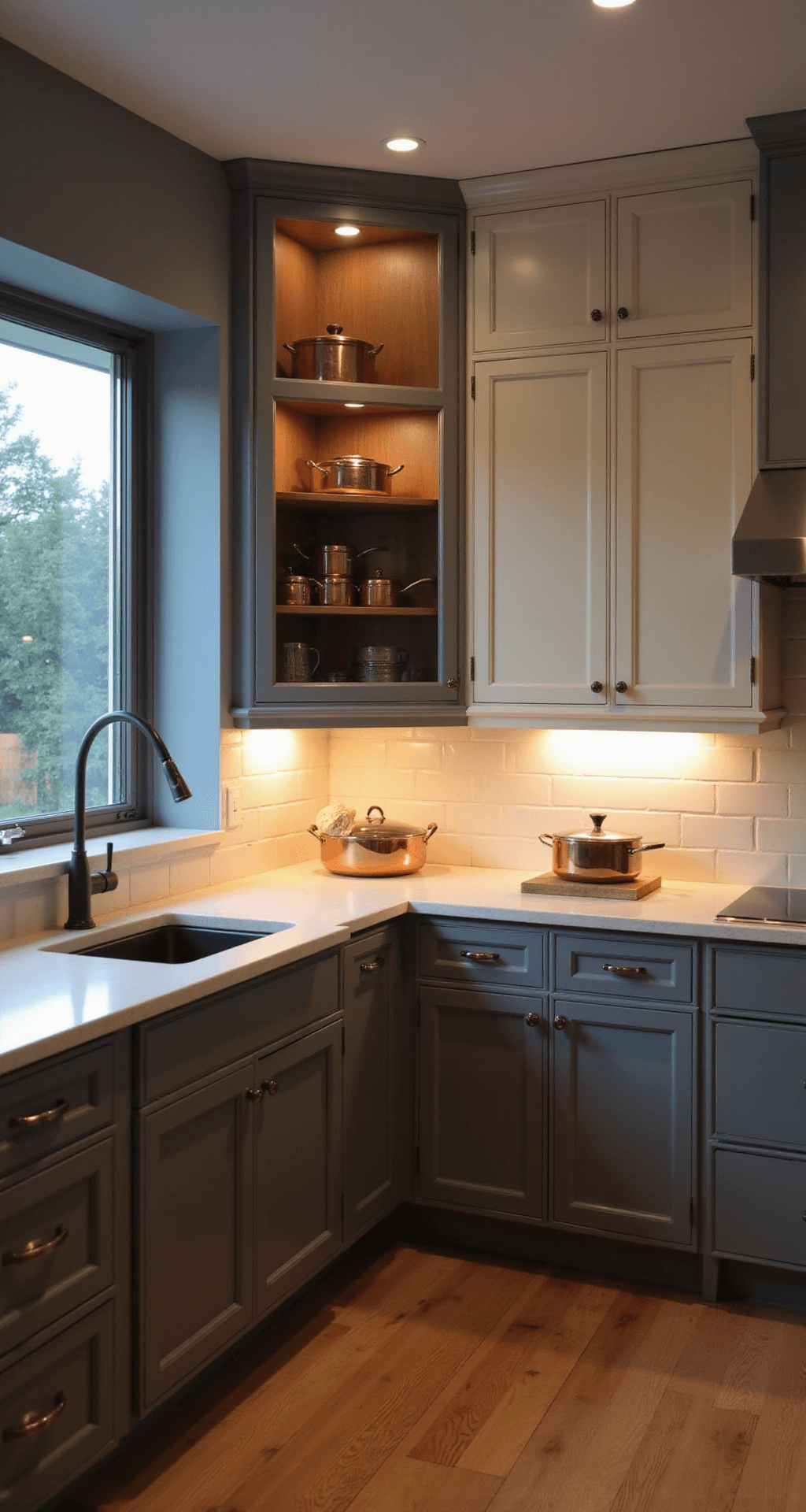Overhead view of an L-shaped kitchen at dusk, featuring warm gray lower cabinets and cream upper cabinets with minimal hardware. A glass-front corner cabinet highlights a copper cookware collection, while under-cabinet lighting casts dramatic shadows, creating a warm and inviting atmosphere.