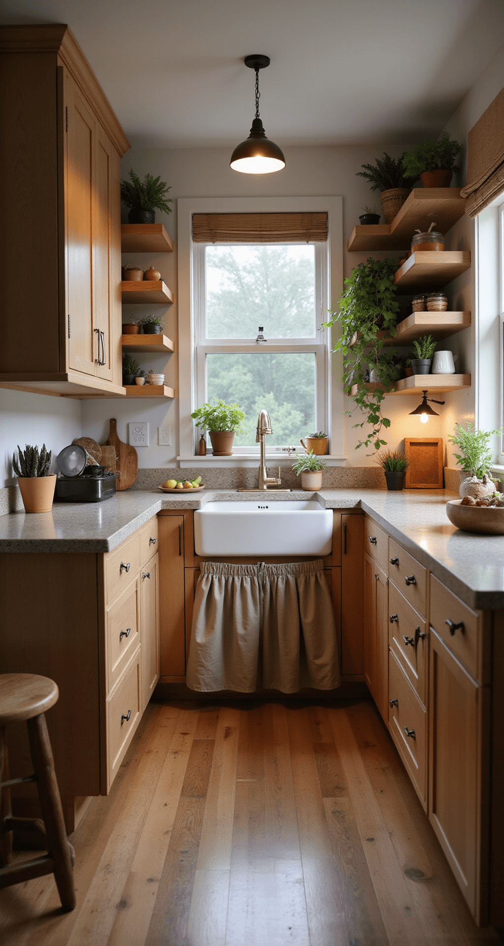 Wide interior view of a cozy 10x12ft kitchen at twilight, featuring light oak modular cabinets with adjustable shelving, pull-out drawers, and a charming fabric skirt under the farmhouse sink. Upper cabinets include a combination of closed storage and open shelving displaying potted herbs, while mixed lighting enhances the inviting ambiance as seen from the entrance looking through to the window.