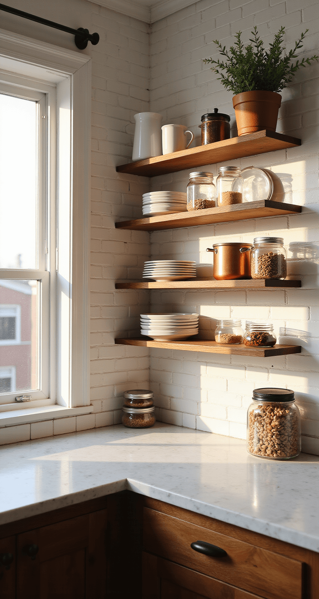 A bright and airy kitchen featuring soaring ceilings, walnut floating shelves with white ceramics and copper cookware, and marble countertops, illuminated by warm golden hour light through a large window.