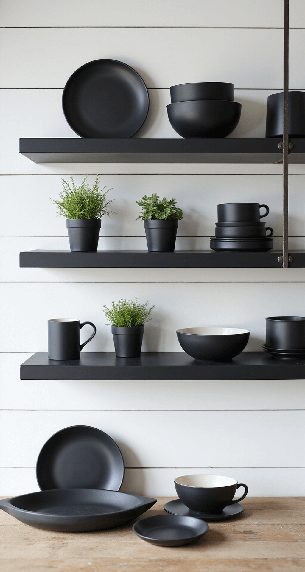 Modern minimalist kitchen showcasing industrial elements with matte black metal shelves against white shiplap walls, displaying black and white dinnerware and potted herbs amidst geometric serving pieces, captured at midday with soft natural diffusion.