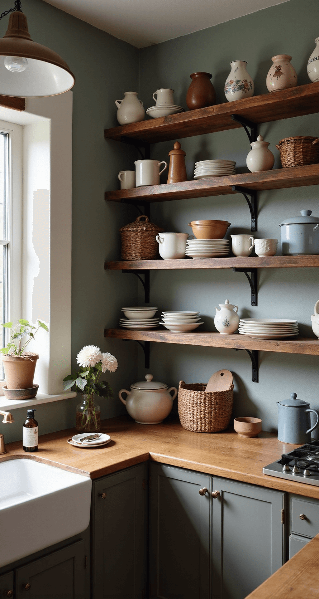 A cozy farmhouse kitchen corner features thick reclaimed barn wood shelves filled with vintage enamelware, earthen pottery, and woven baskets, softly illuminated by pendant lighting at blue hour, showcasing warm browns, creamy whites, and faded blues.