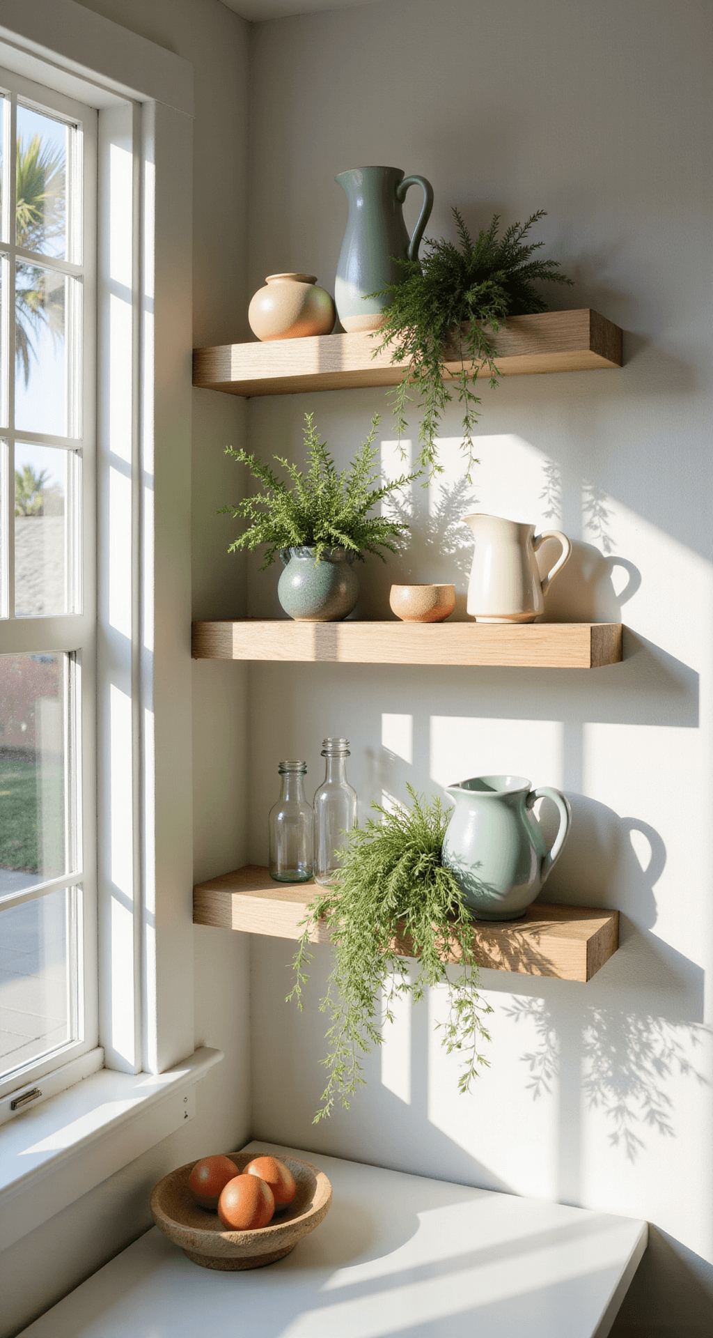 A sunlit California kitchen with 8ft ceilings features three staggered floating shelves made of bleached oak, adorned with artisanal ceramics, glass pitchers, and trailing plants. Morning light casts dynamic shadows through the windows, highlighting a coastal color palette of sandy beiges, sea glass greens, and white, captured from a slight elevation.