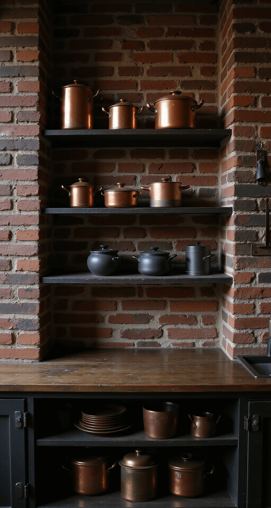 A dramatic professional kitchen scene featuring blackened steel shelves against an exposed brick wall, displaying copper cookware and dark stoneware. The space is illuminated by directional spot lighting, emphasizing deep browns, burnt oranges, and shadowy blacks for a rich atmosphere.
