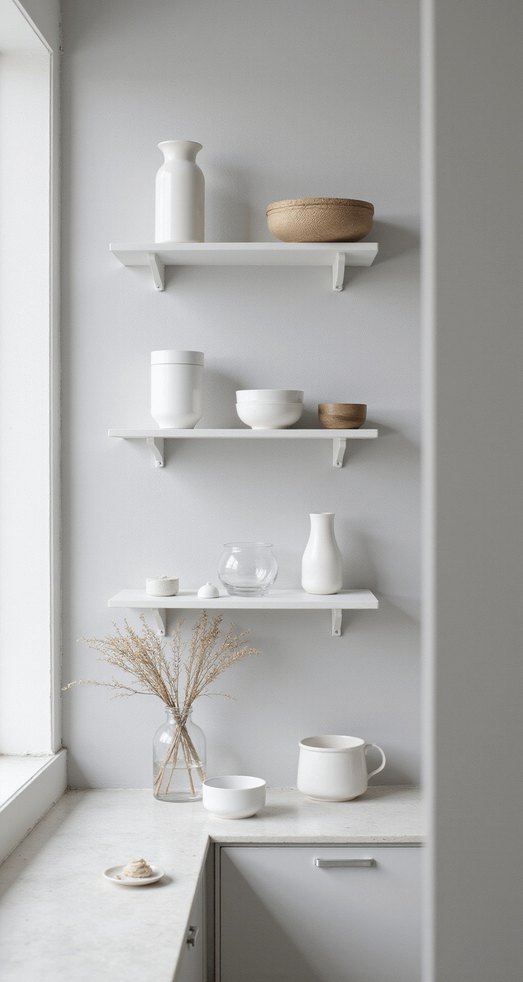 A Scandinavian minimal kitchen featuring floating white powder-coated steel shelves against pale gray walls, adorned with white ceramics, clear glass, and pale wooden objects, all illuminated by soft northern light, captured from a slight elevation to highlight the geometric composition.
