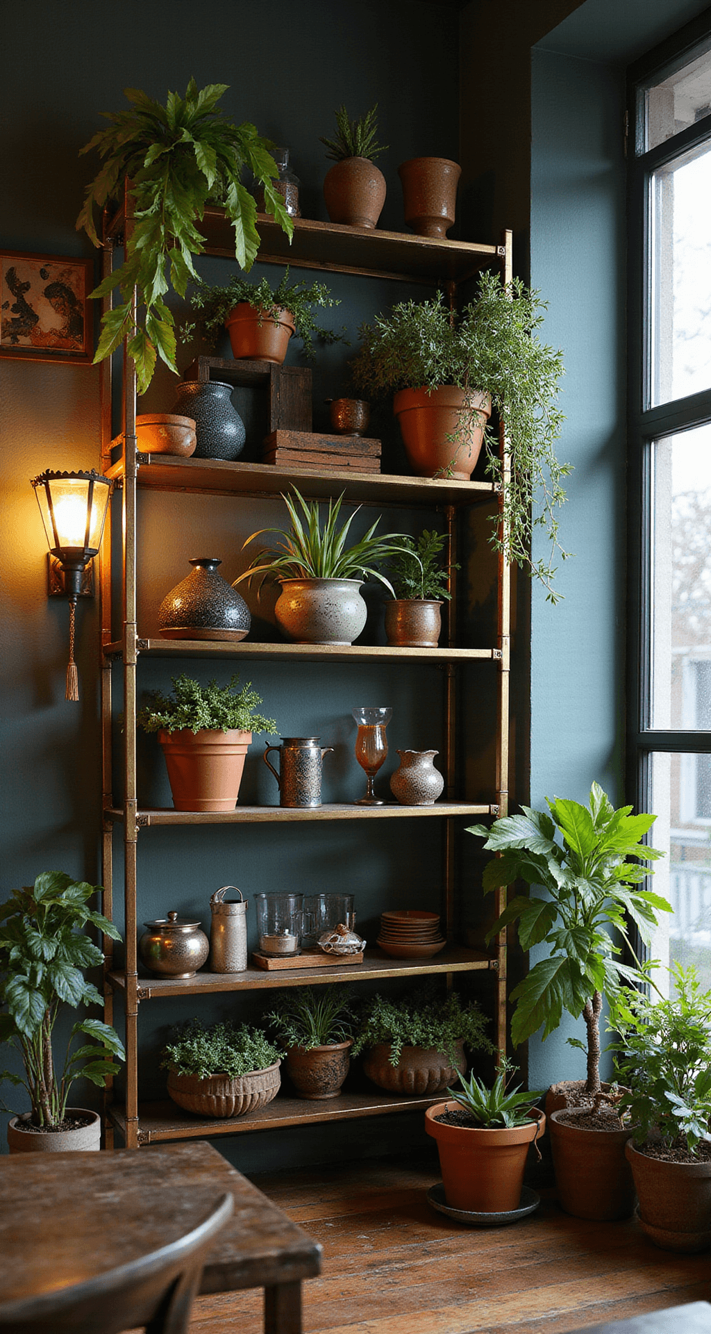 Eclectic bohemian kitchen corner illuminated by warm evening light, featuring mixed material shelving with brass brackets and glass panels displaying pottery, vintage glassware, and lush plants, creating an intimate atmosphere with rich jewel tones and metallic accents.