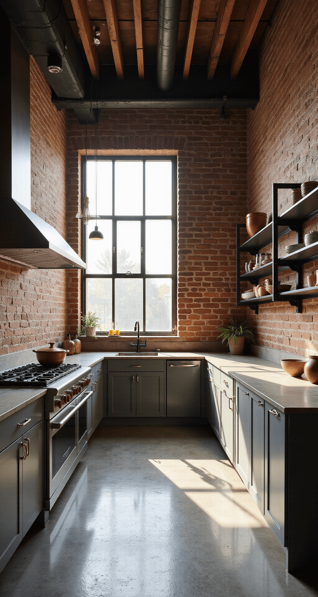 Industrial loft kitchen featuring exposed brick walls and steel beams, with graphite gray cabinets and concrete countertops, illuminated by warm afternoon light. Copper accents and black steel shelving enhance the urban sophistication of the space.
