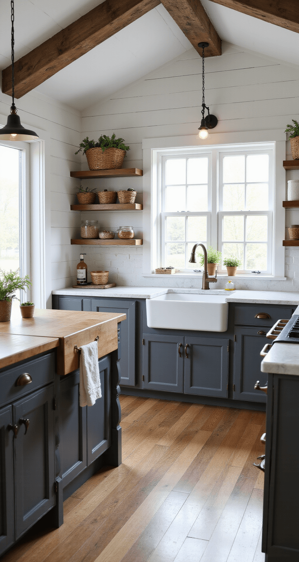 A cozy farmhouse kitchen featuring shiplap ceiling, reclaimed wooden beams, dark pewter gray cabinets with beadboard detail, a butcher block island, vintage brass accents, a white apron sink, and marble countertops, illuminated by soft daylight and warm artificial light.