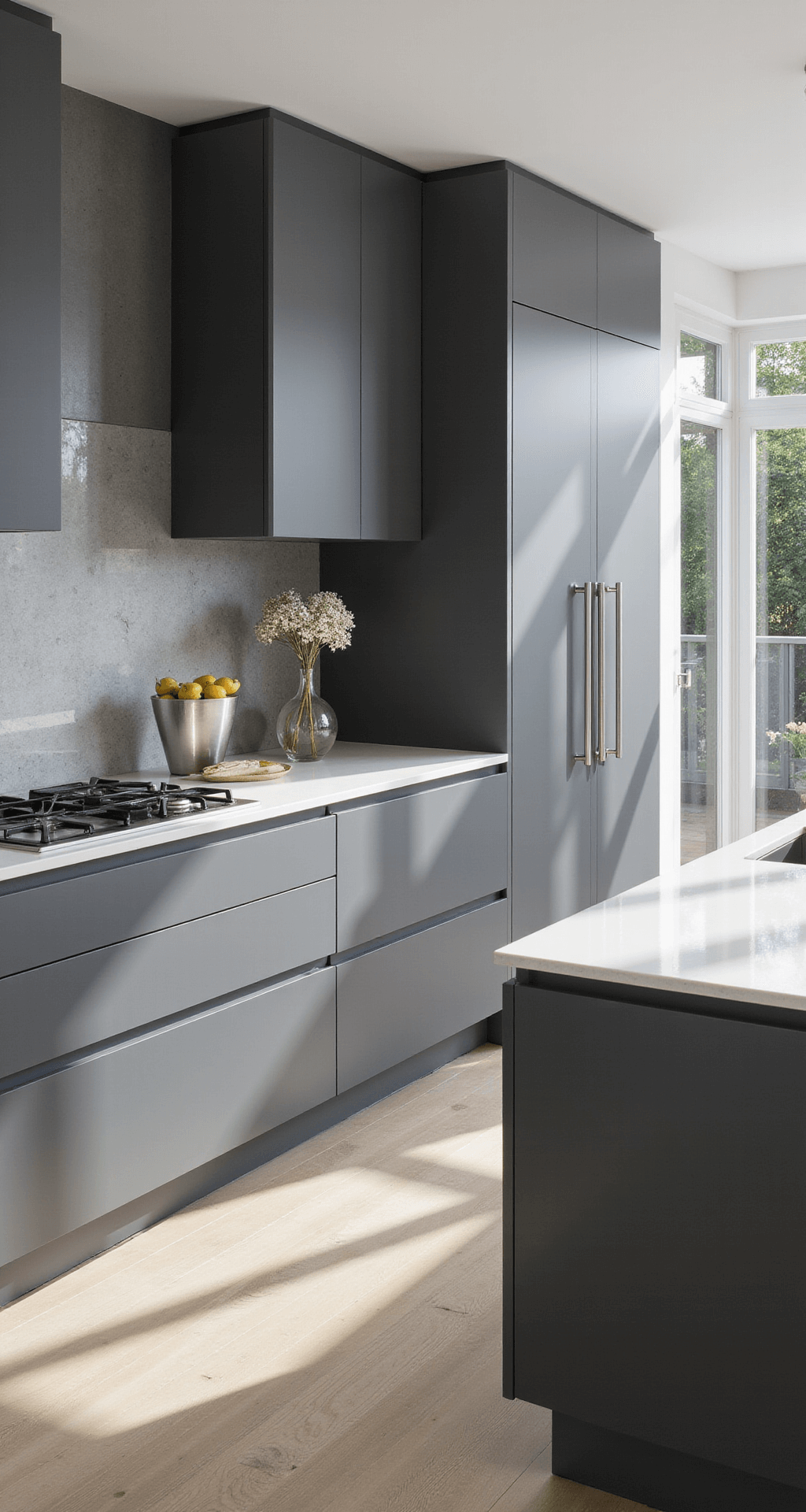 A minimalist gray kitchen featuring floor-to-ceiling windows, dark gray slab cabinet fronts, pure white countertops, a waterfall island, and a glass backsplash, all illuminated by midday light to create a serene and contemporary atmosphere.