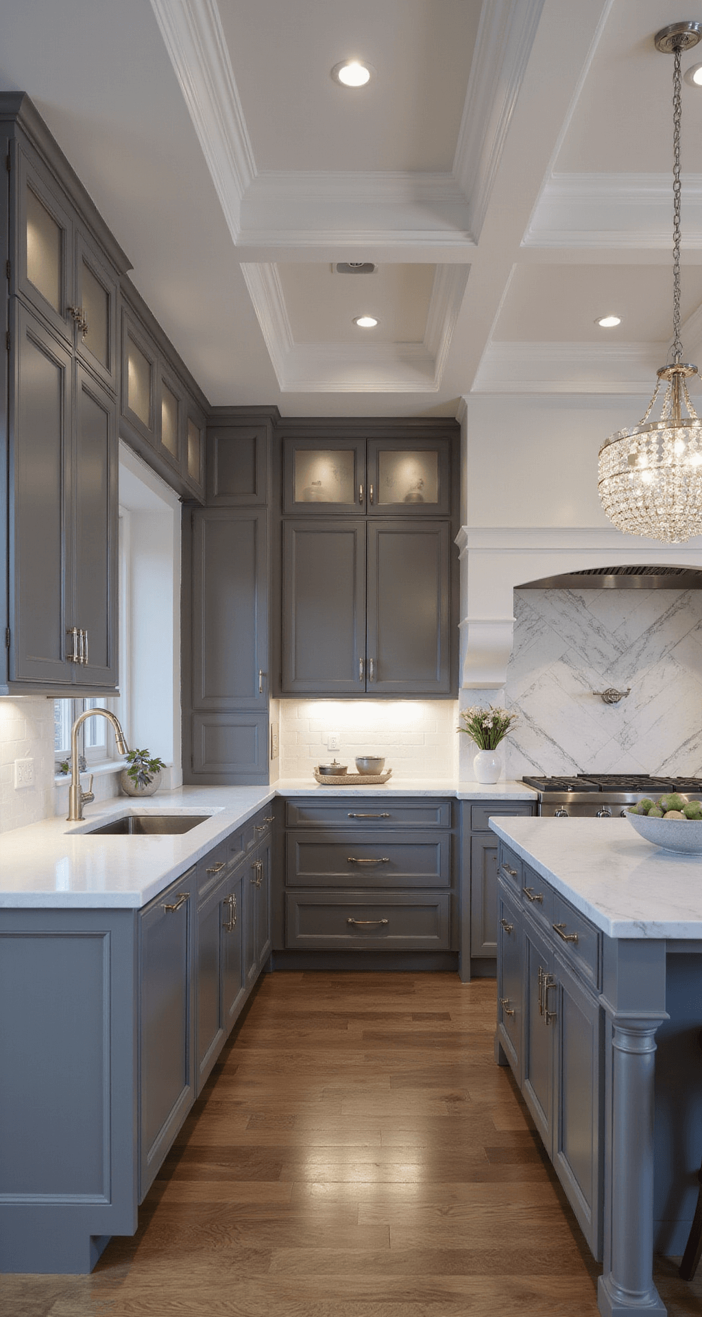 An elegant open-concept kitchen featuring charcoal gray raised-panel cabinets, quartz countertops, and a herringbone marble backsplash, illuminated by layered lighting and a crystal chandelier, viewed from the dining area in early evening light.