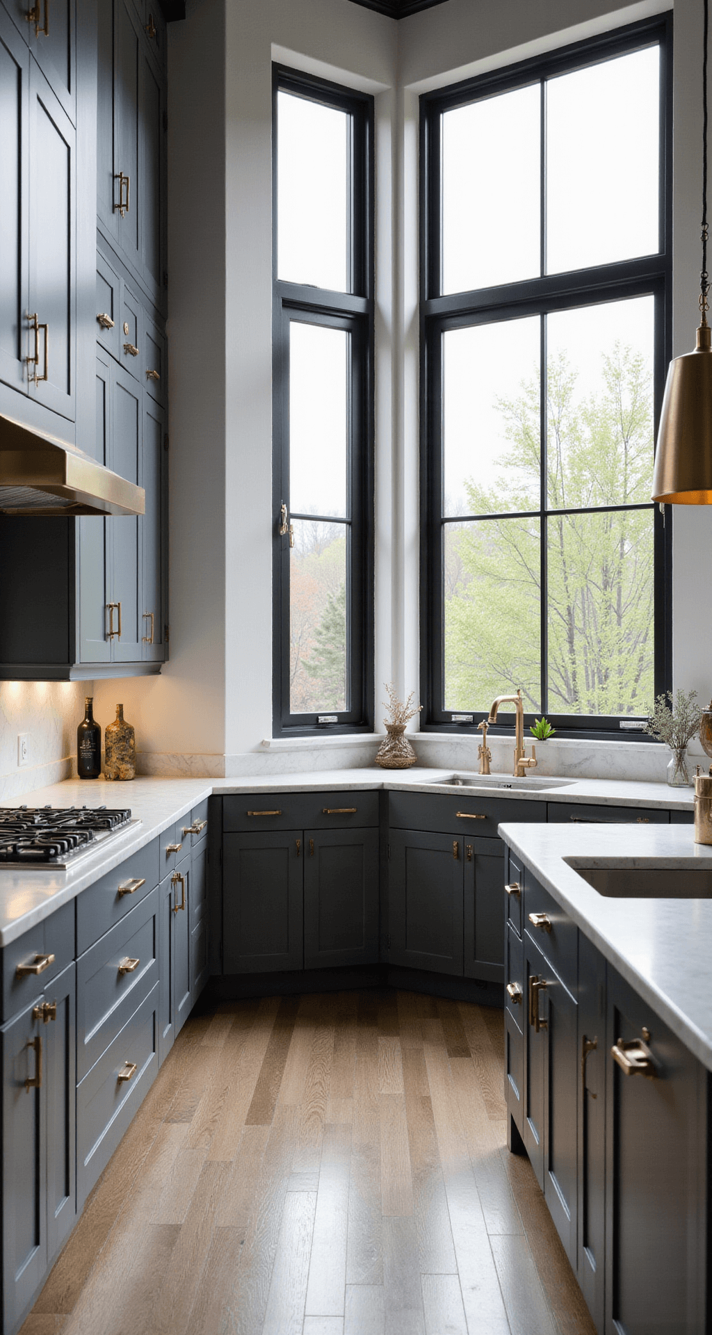 A contemporary gray kitchen featuring slate gray flat-panel cabinets, white marble counters, brushed gold hardware, and modern pendant lights, illuminated by bright midday light through double-height black steel-framed windows, captured from a corner angle to emphasize the height and dramatic ambiance.