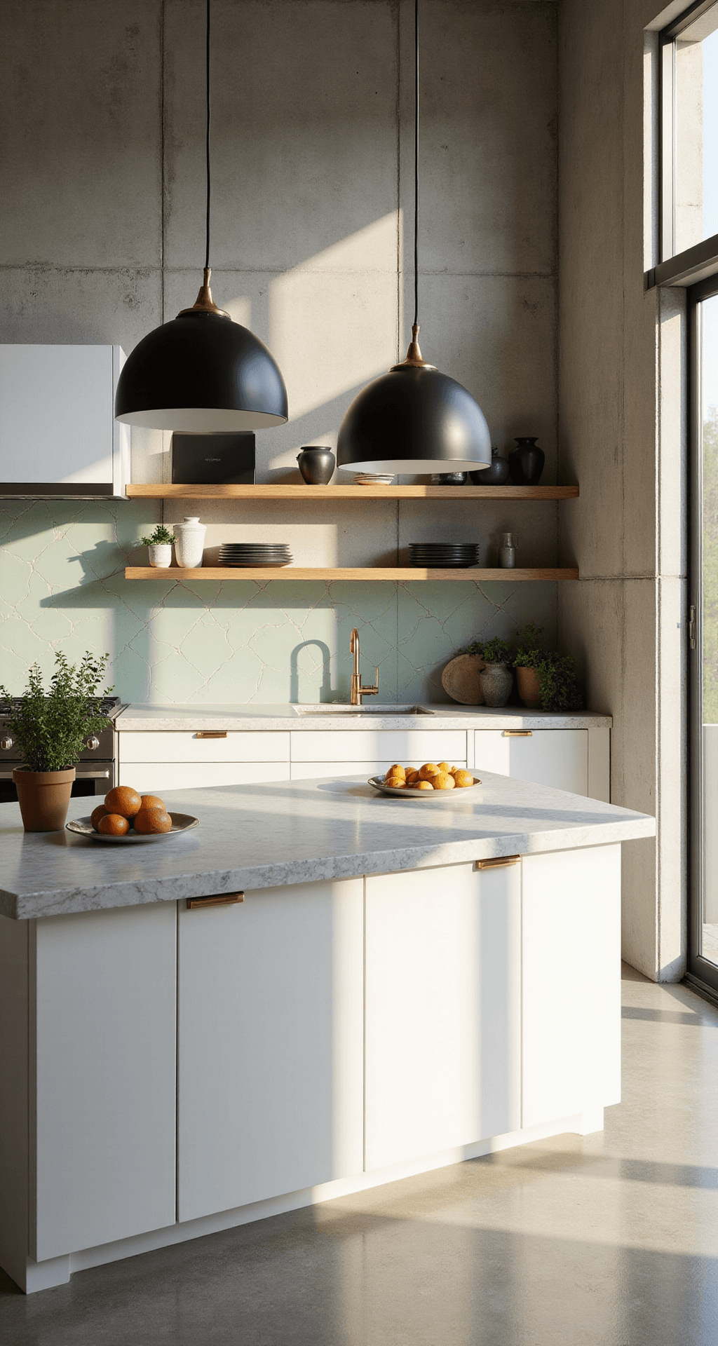 A bright and airy modern minimalist kitchen with high ceilings, featuring floor-to-ceiling windows, sleek white lower cabinets with brass hardware, a large marble island, geometric tile backsplash, and open shelving displaying ceramics. Oversized matte black pendant lights hang above, while natural light casts dramatic shadows across the space. Fresh herbs and citrus fruits add a touch of color.
