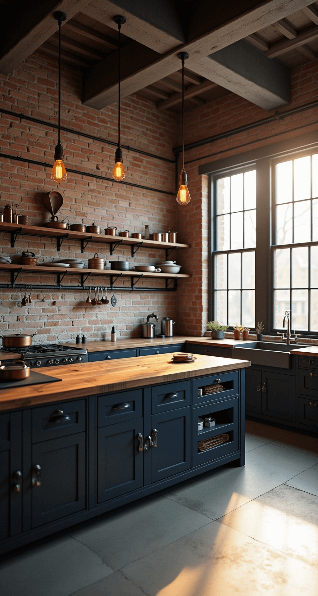 Industrial chic kitchen in a converted loft, featuring a 15ft exposed brick wall, dark navy lower cabinets against polished concrete floors, and a central reclaimed wood prep island. Vintage metal pipe shelving holds copper cookware and industrial artifacts, illuminated by late afternoon golden hour light streaming through factory-style windows.